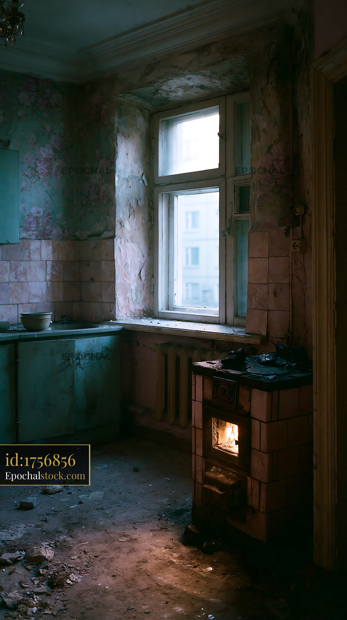 Watermarked full-resolution preview of Old kitchen with an antique stove and peeling walls