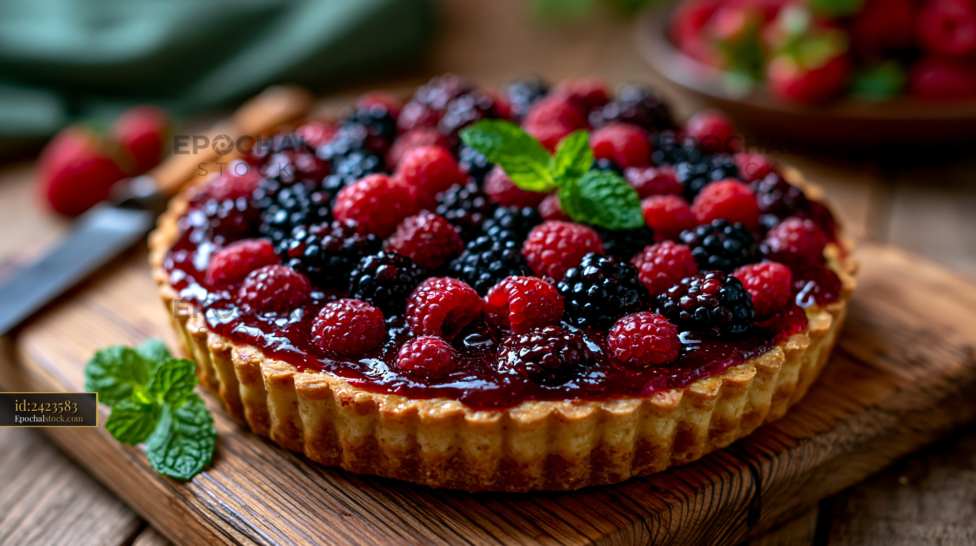 Watermarked full-resolution preview of Fresh berry tart on wooden table with mint leaves and knife