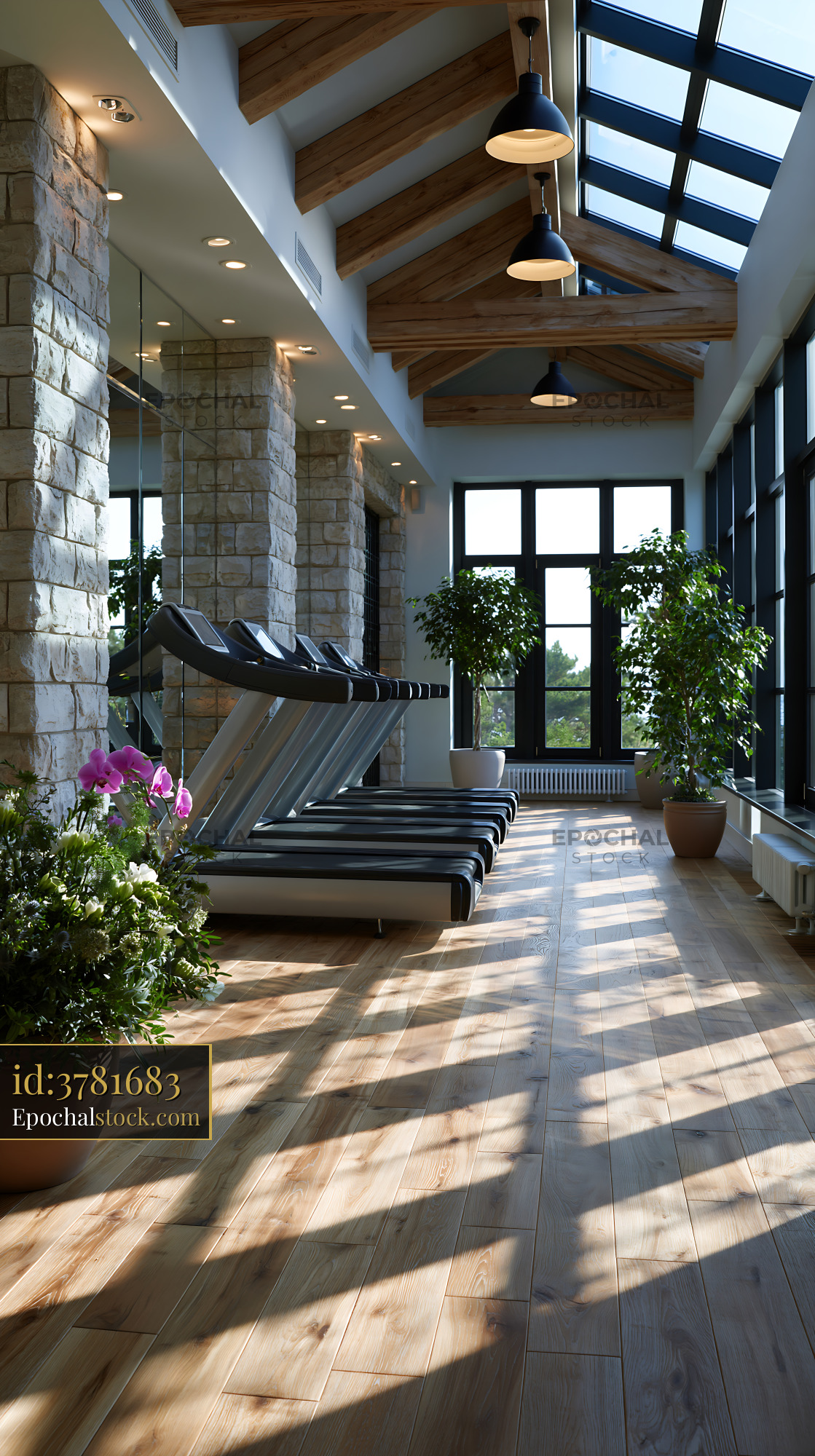 Private Gym With Mirrored Walls by Lakefront in Sunny Daylight — stock example for GPT Image 1 solution examples
