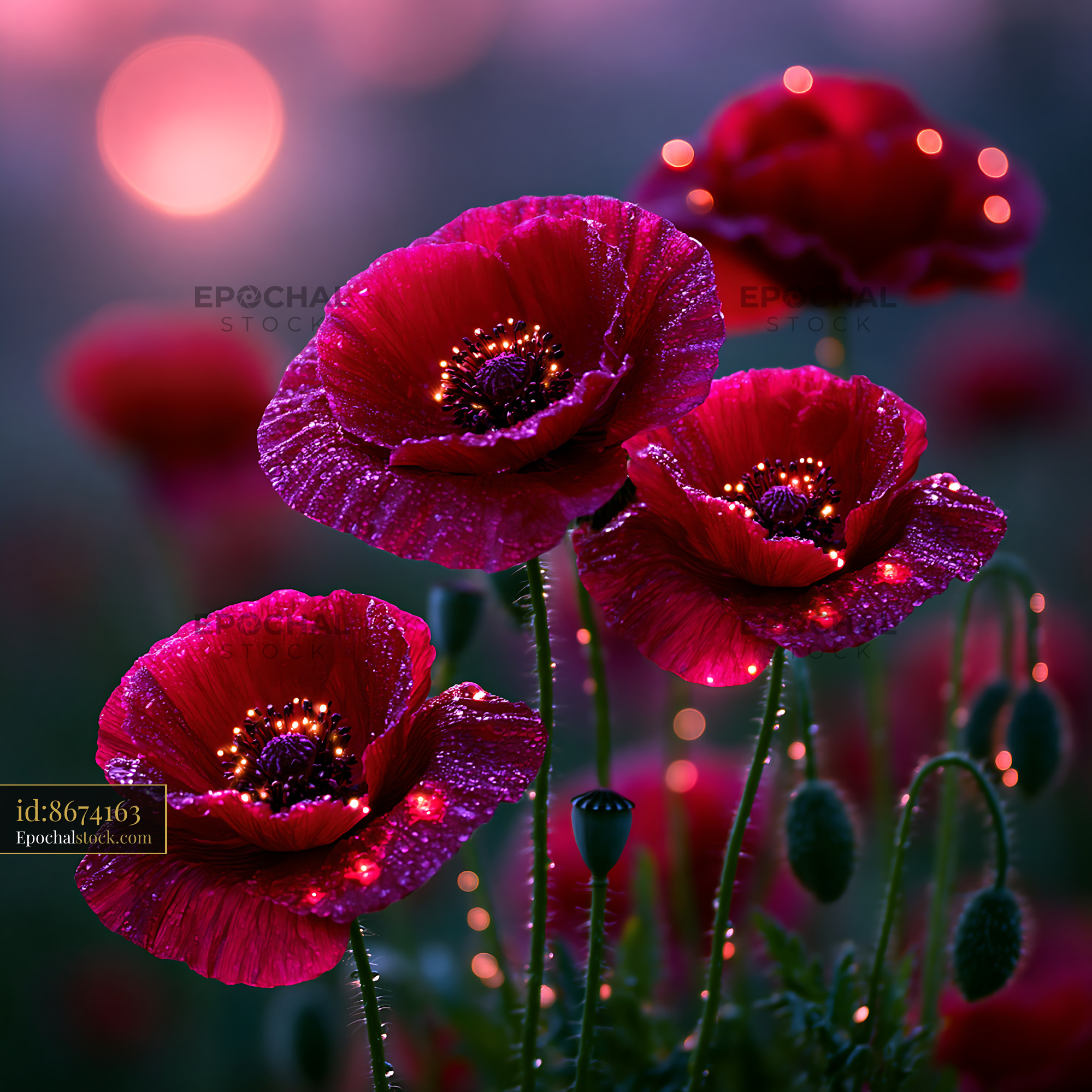 Watermarked full-resolution preview of Red poppies in field with evening sunlight