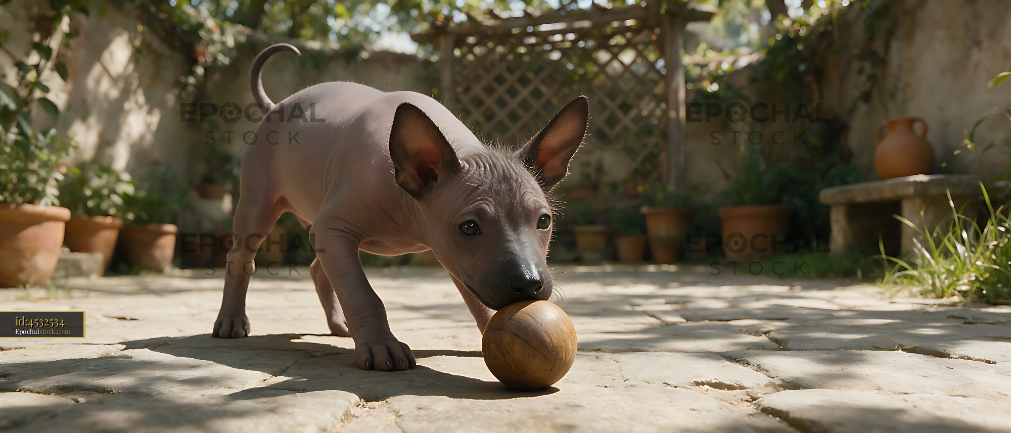 Watermarked full-resolution preview of Hairless puppy with wooden ball outdoors
