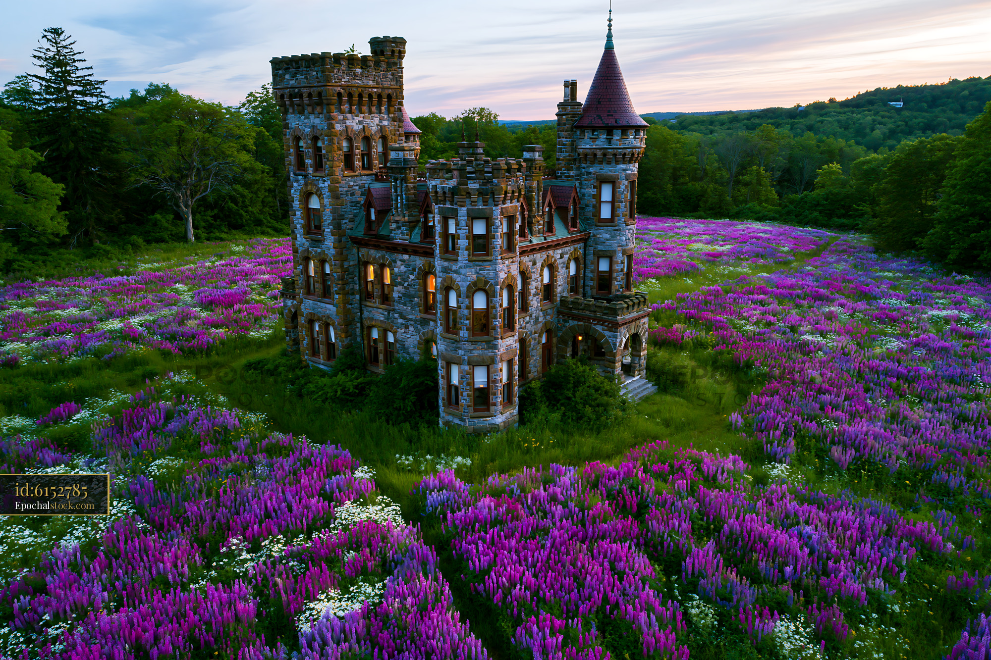 Watermarked full-resolution preview of Castle surrounded by flowers during sunset in a rural area
