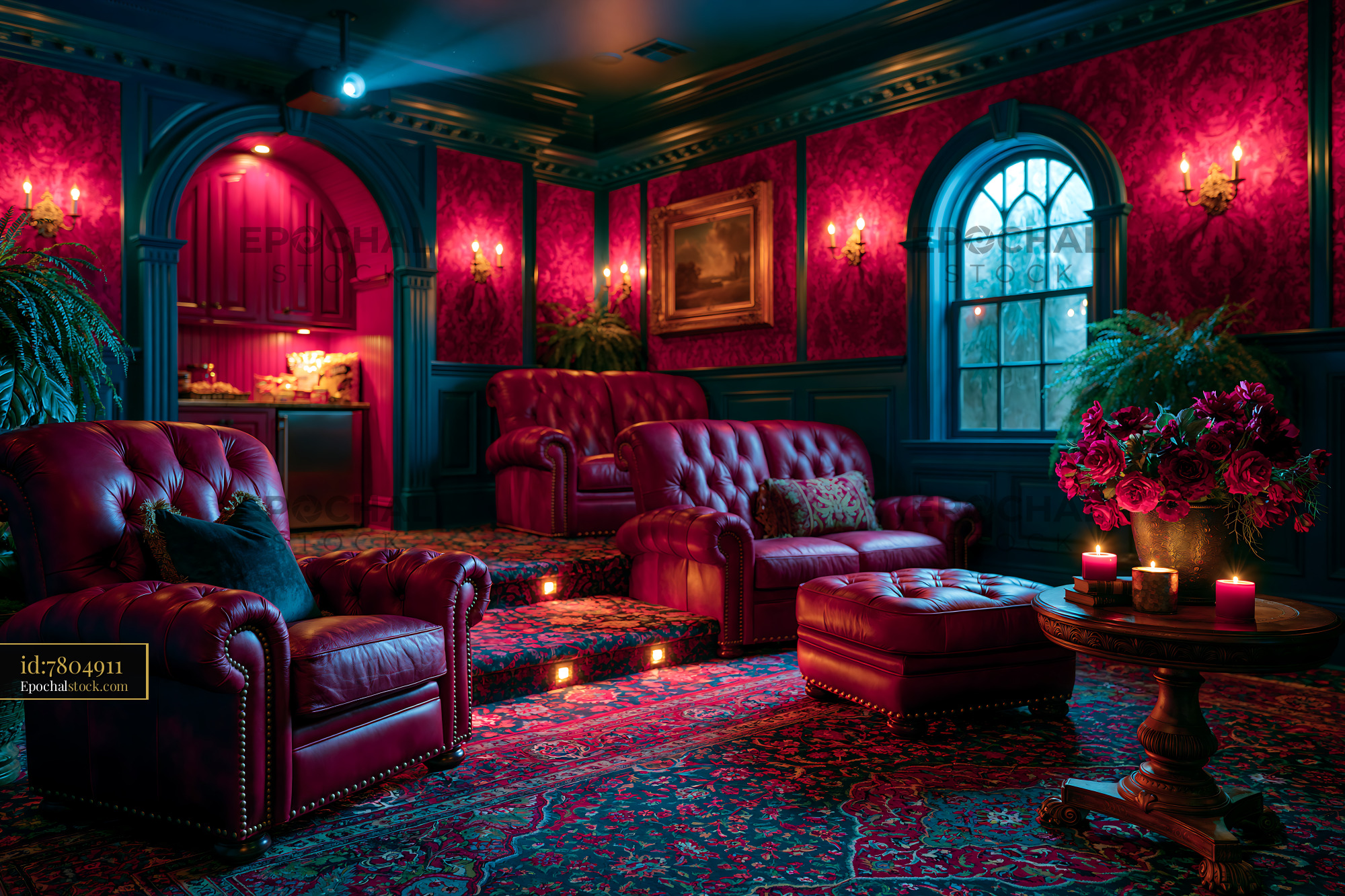 Watermarked full-resolution preview of Cozy lounge area with red decor and soft seating at night