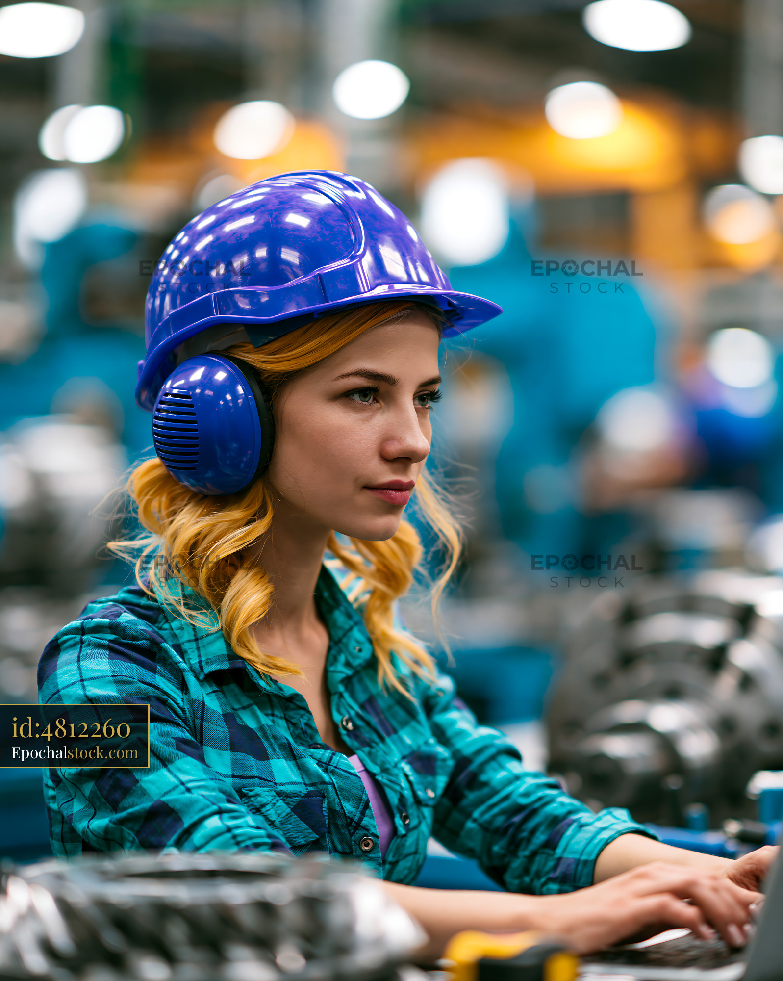 Watermarked full-resolution preview of Woman working in a factory with safety gear
