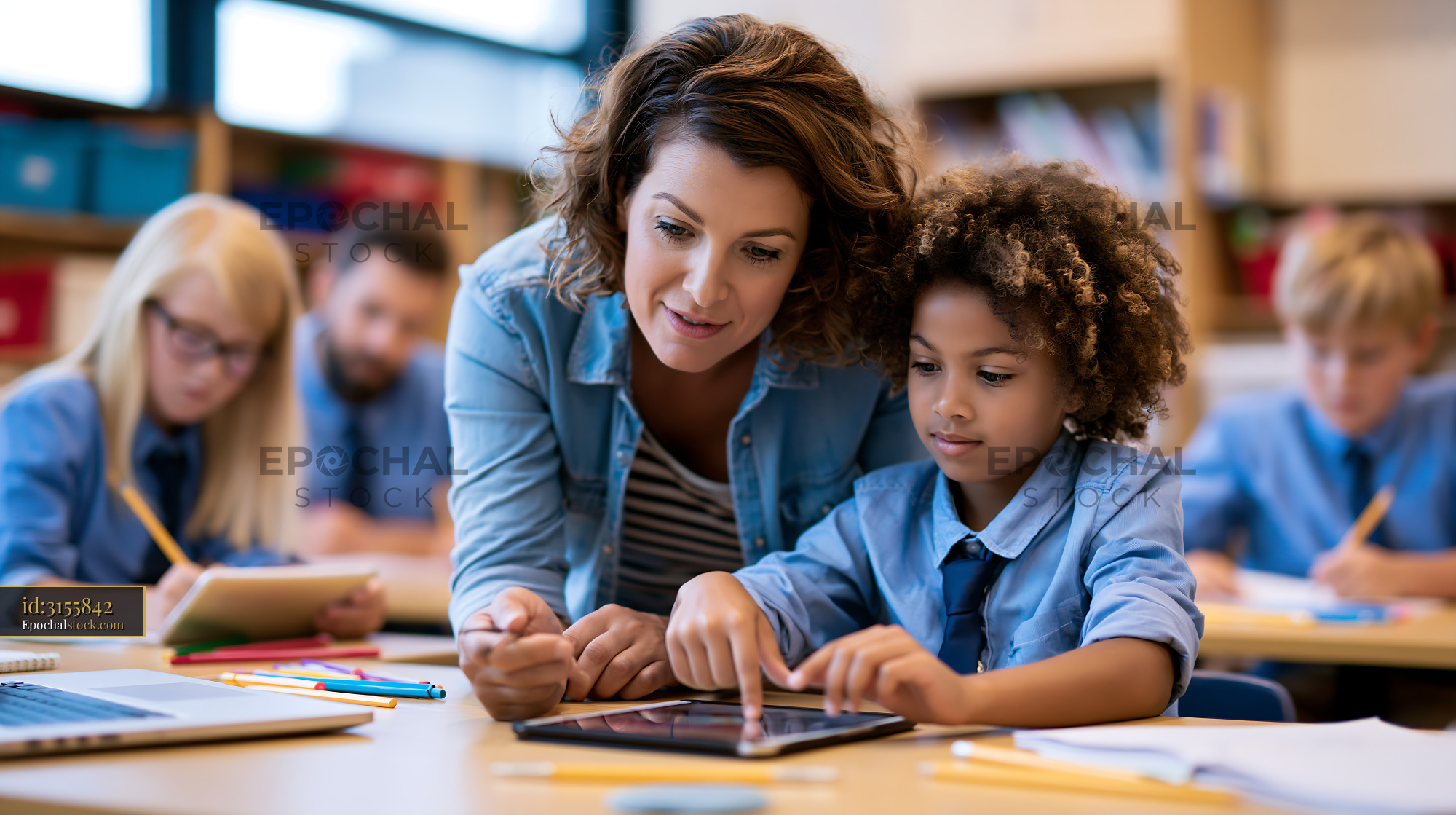 Watermarked full-resolution preview of Teacher assisting student with tablet in classroom setting