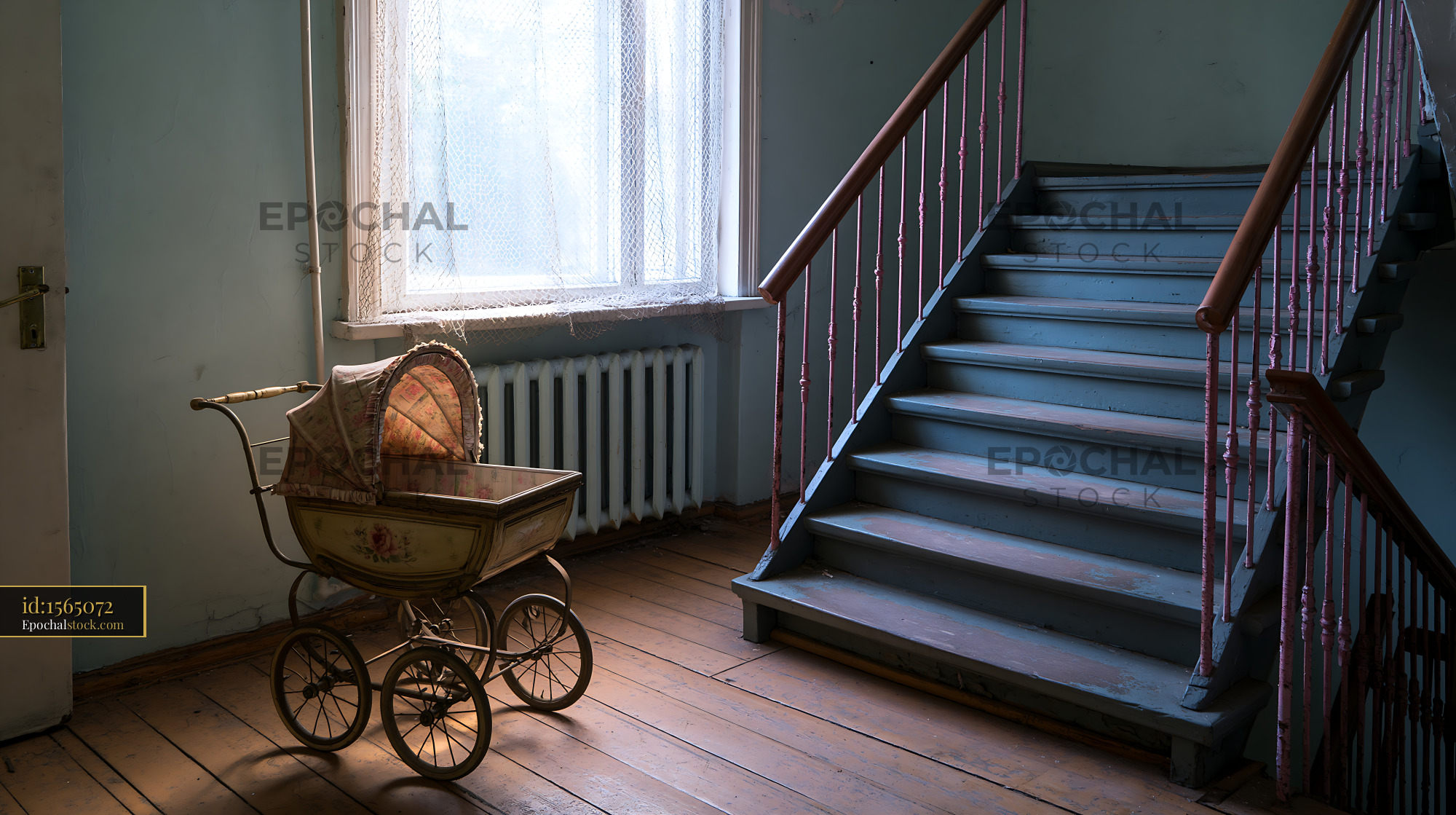 Watermarked full-resolution preview of Old stroller next to stairway in a vacant building