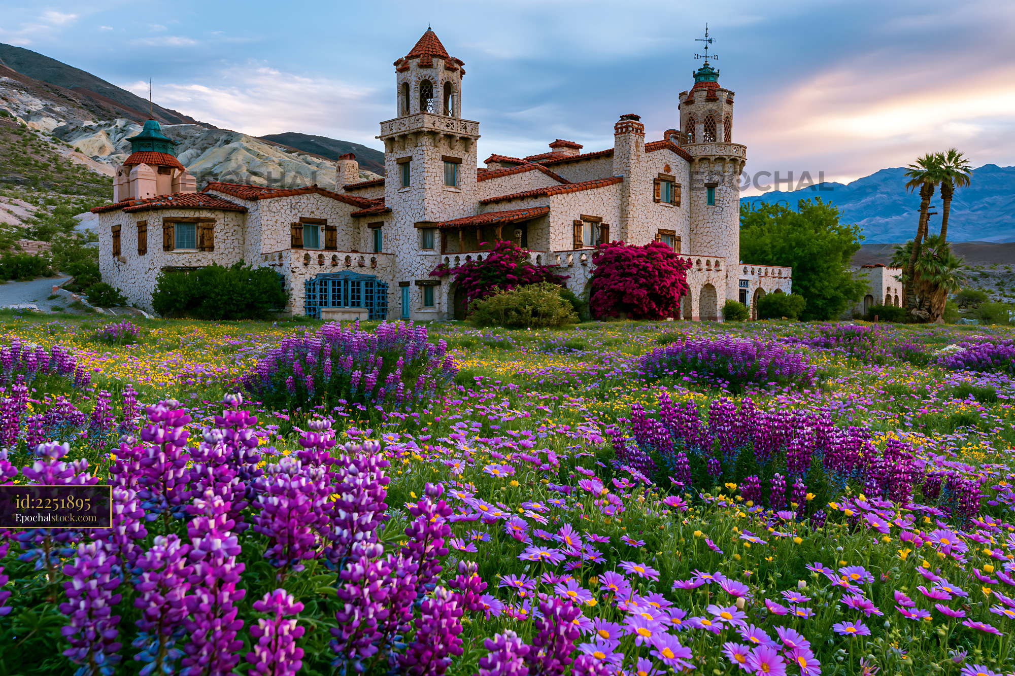 Watermarked full-resolution preview of Vibrant flowers near a stone mansion at sunset in a valley