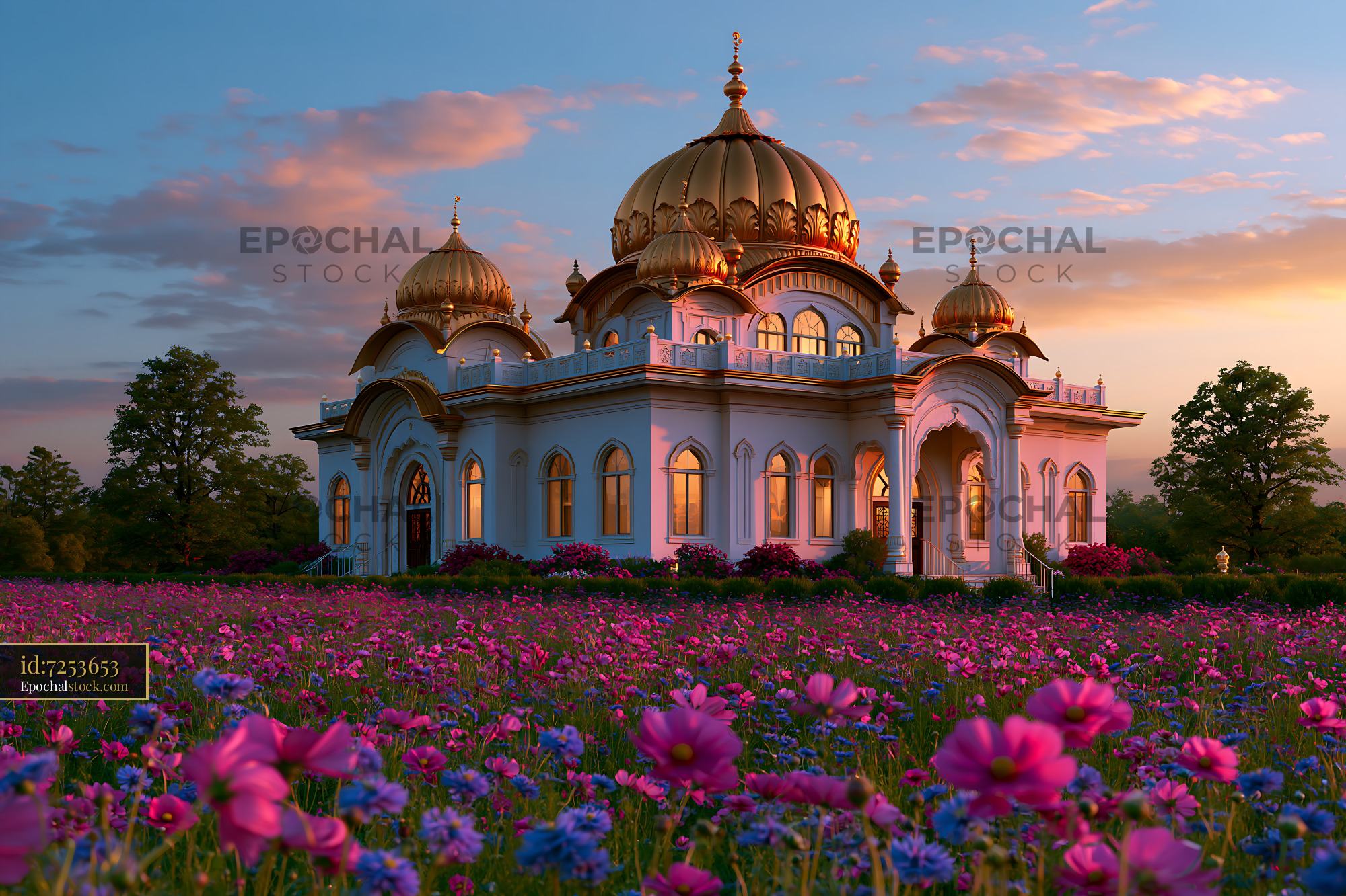 Watermarked full-resolution preview of Colorful flowers surround a beautiful building at sunset in a garden