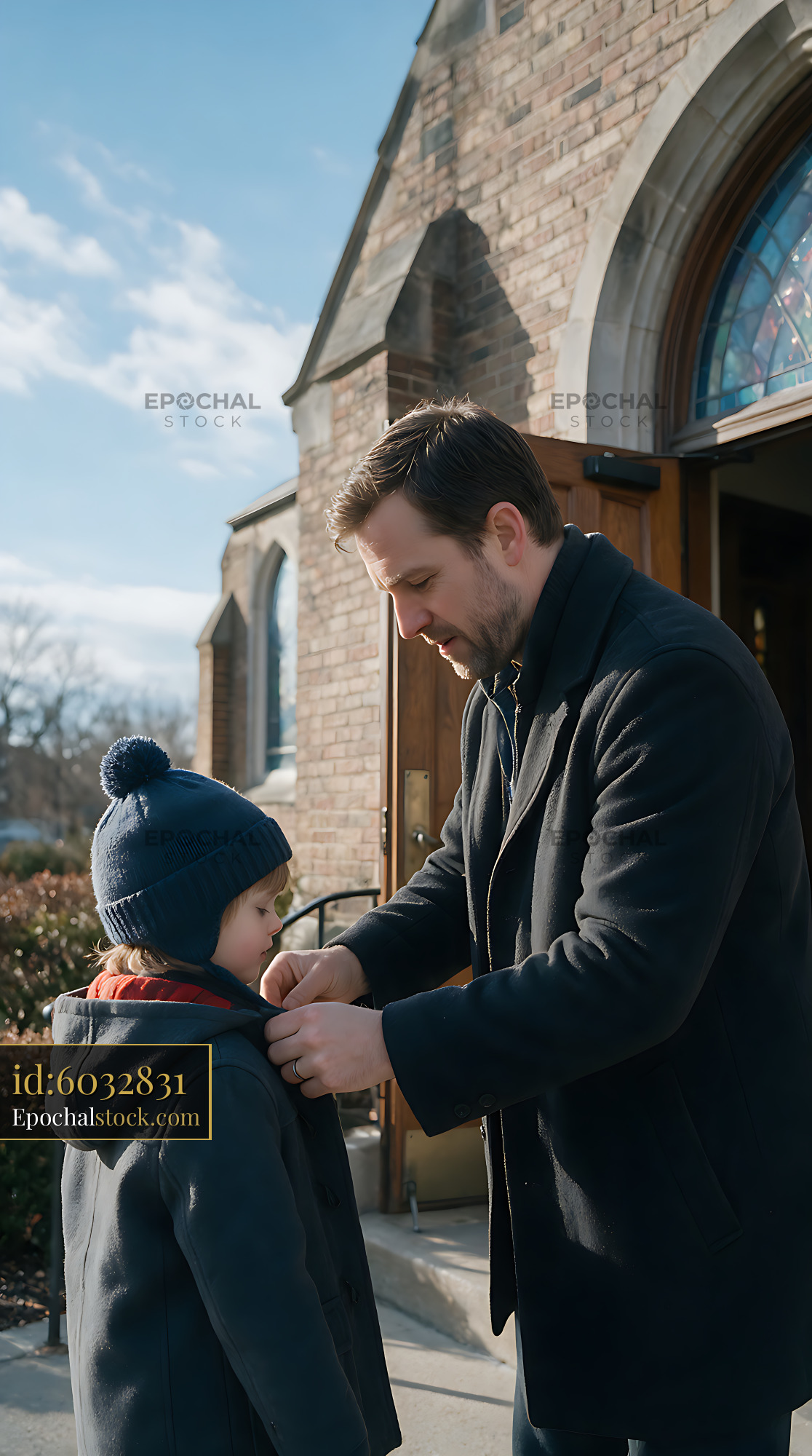 Watermarked full-resolution preview of Parent helping child at church entrance