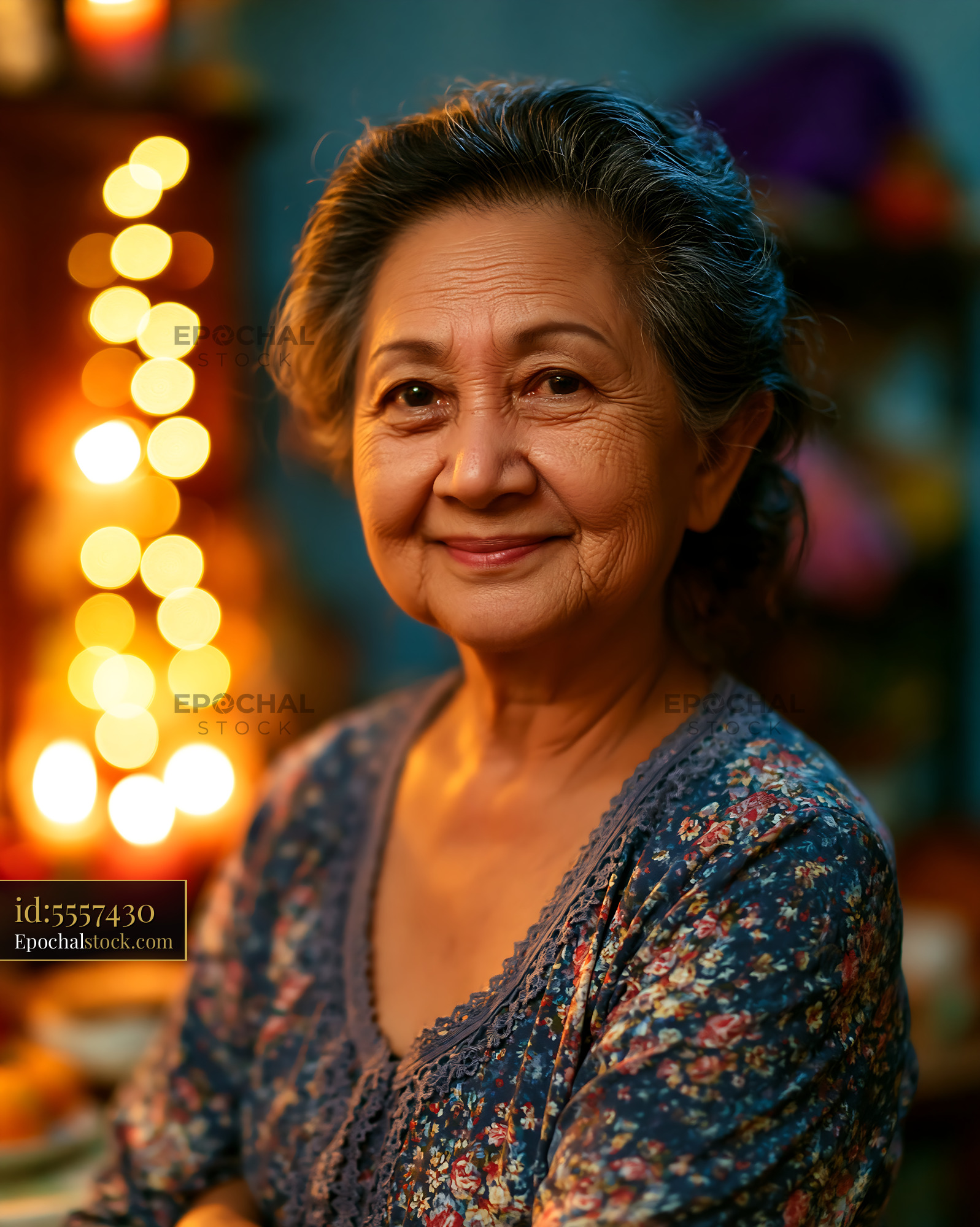 Watermarked full-resolution preview of Senior woman smiling in cozy indoor setting with soft lights