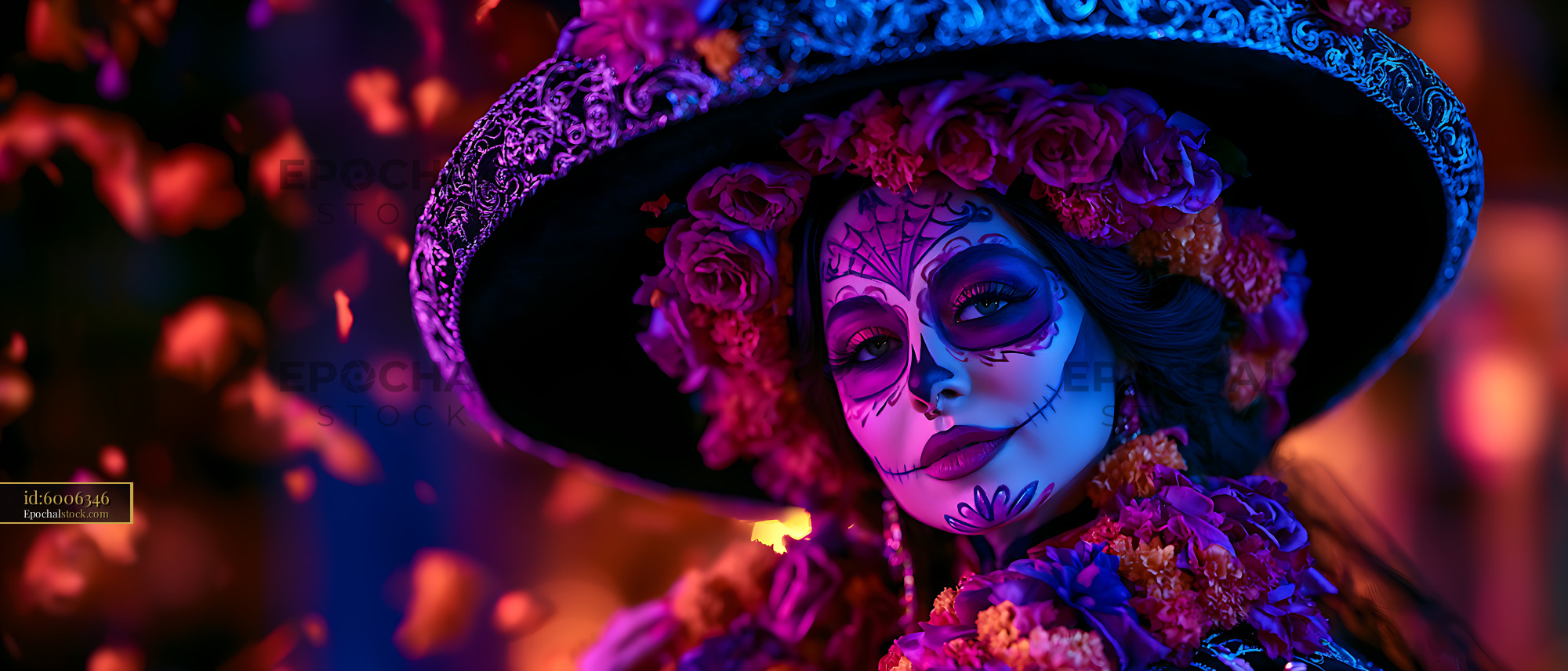 Watermarked full-resolution preview of Colorful close-up portrait with floral skull makeup