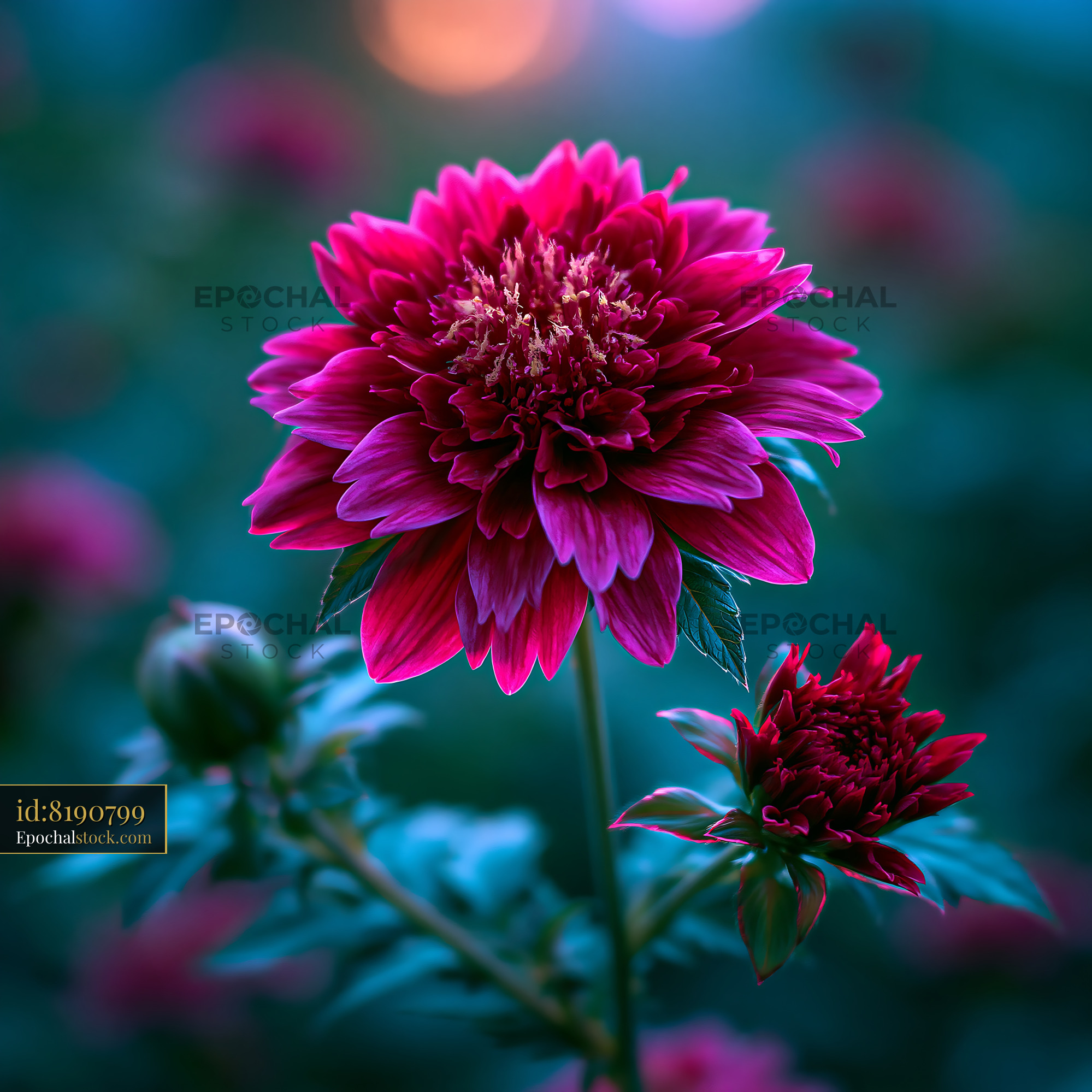 Watermarked full-resolution preview of Bright pink flower in a garden during sunset