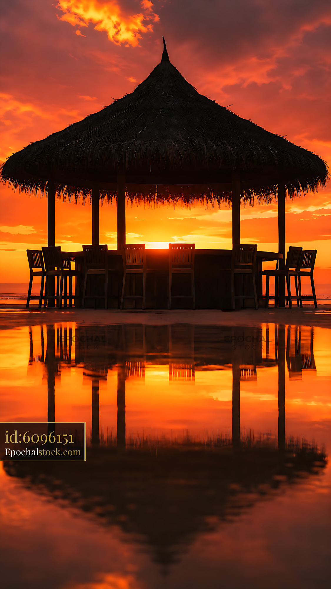 Watermarked full-resolution preview of Sunset at a beach hut with reflections on the water