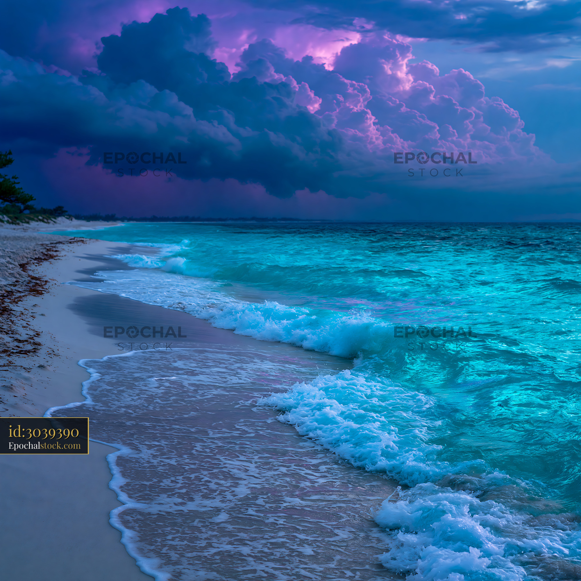 Watermarked full-resolution preview of Colorful clouds over a beach with waves and calm water