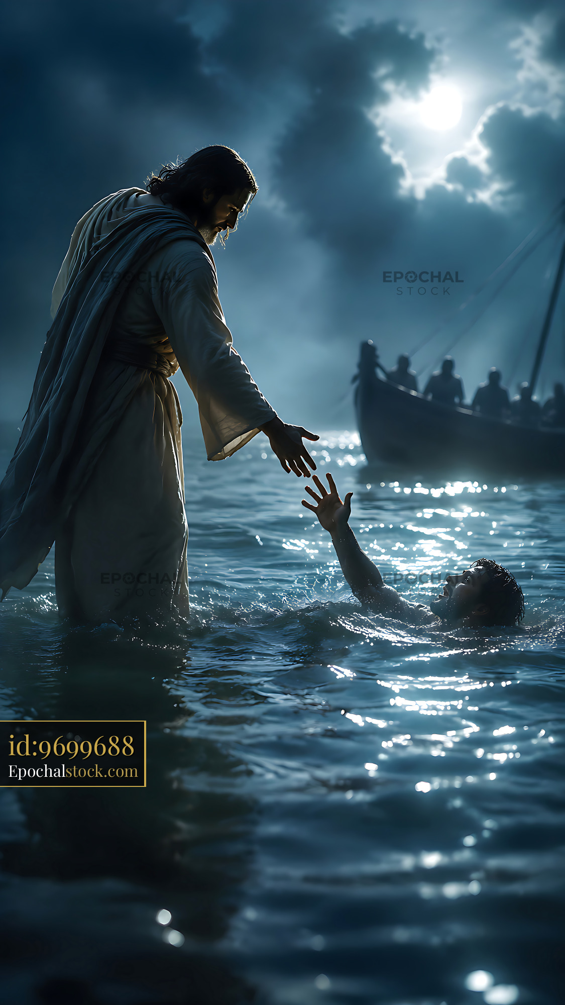 Watermarked full-resolution preview of Jesus reaching out to a drowning man at night