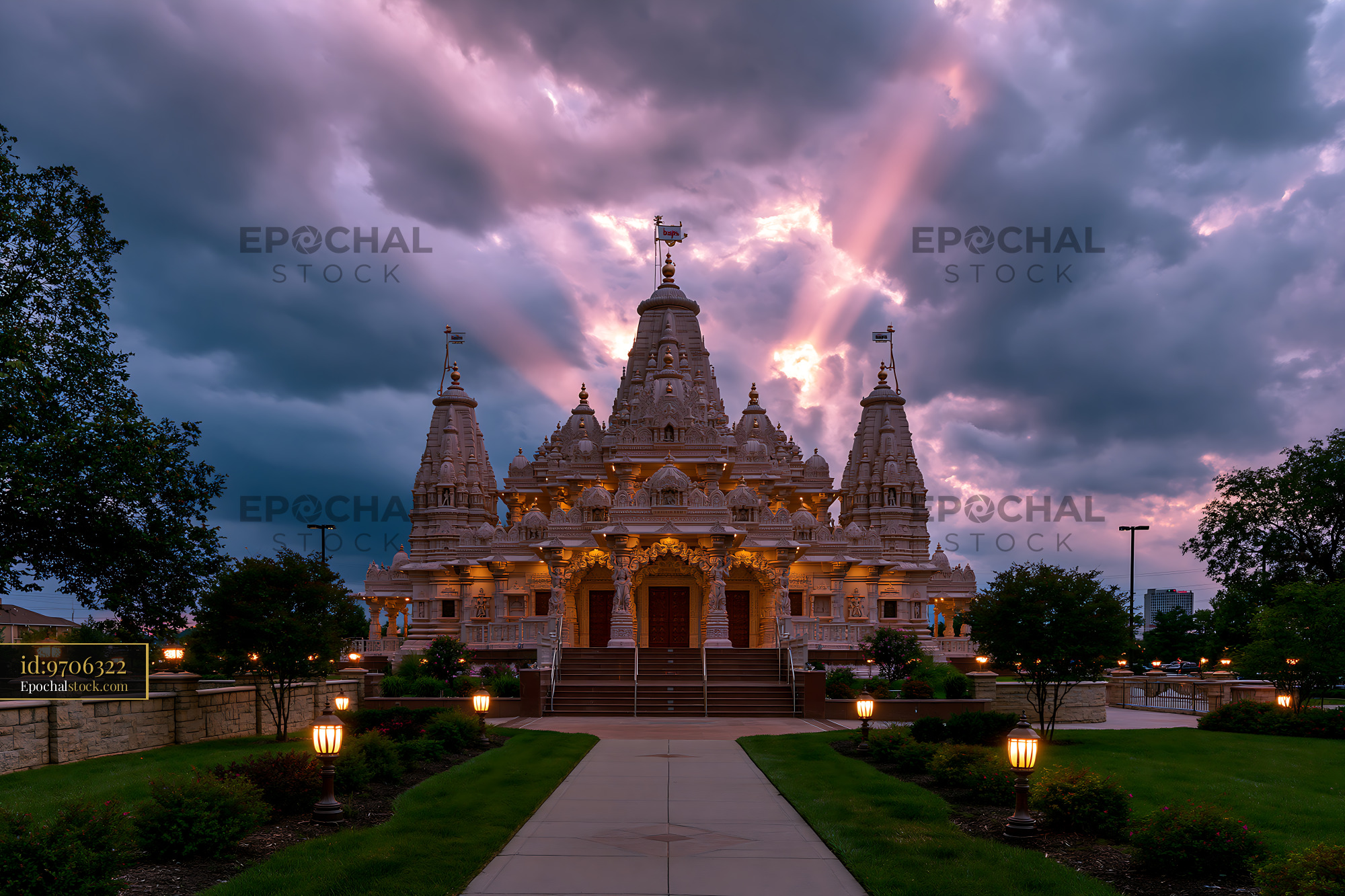 Watermarked full-resolution preview of Sunset view of a large temple with dramatic clouds