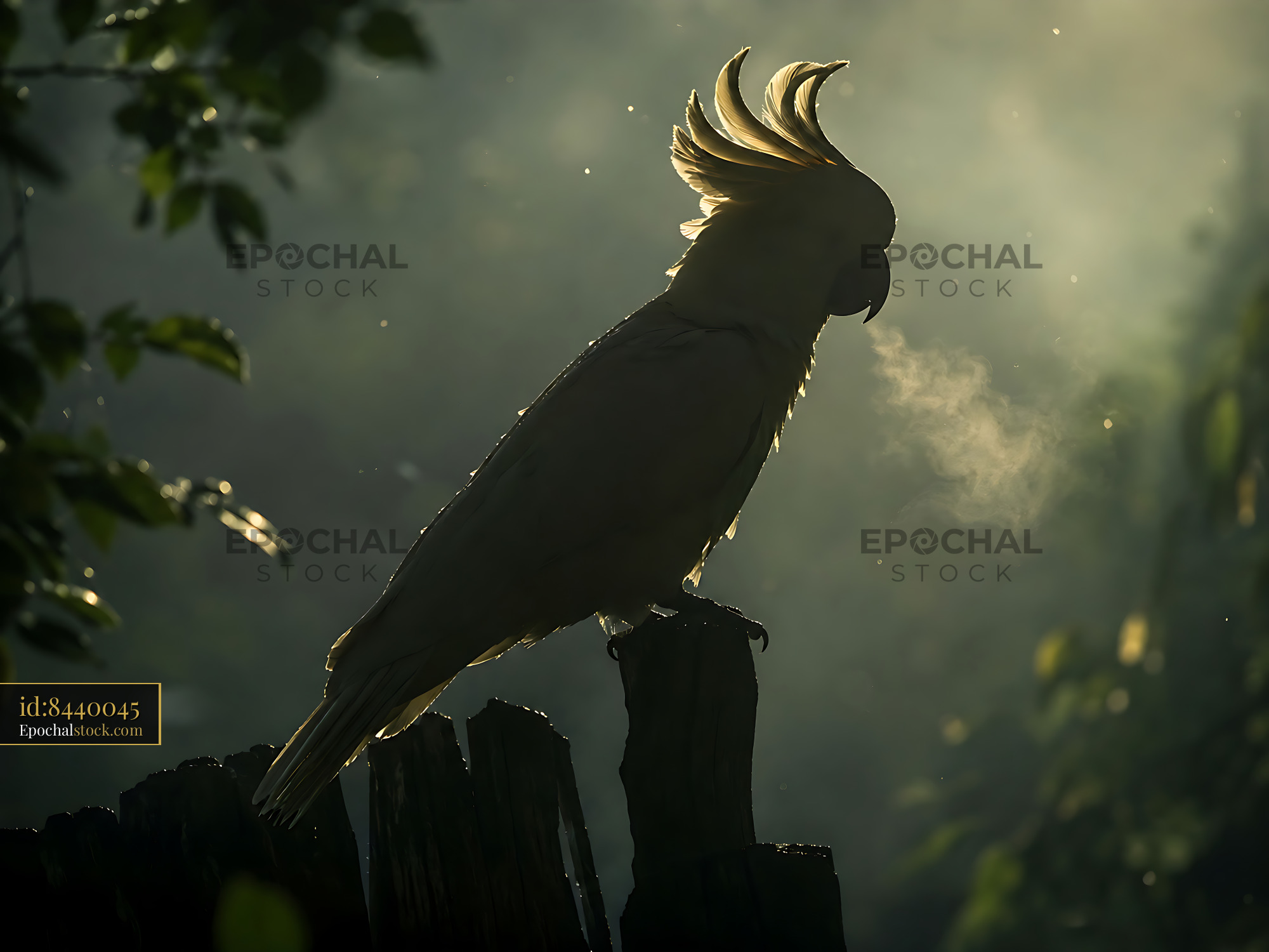 Watermarked full-resolution preview of Silhouette of a cockatoo perched on a wooden stump