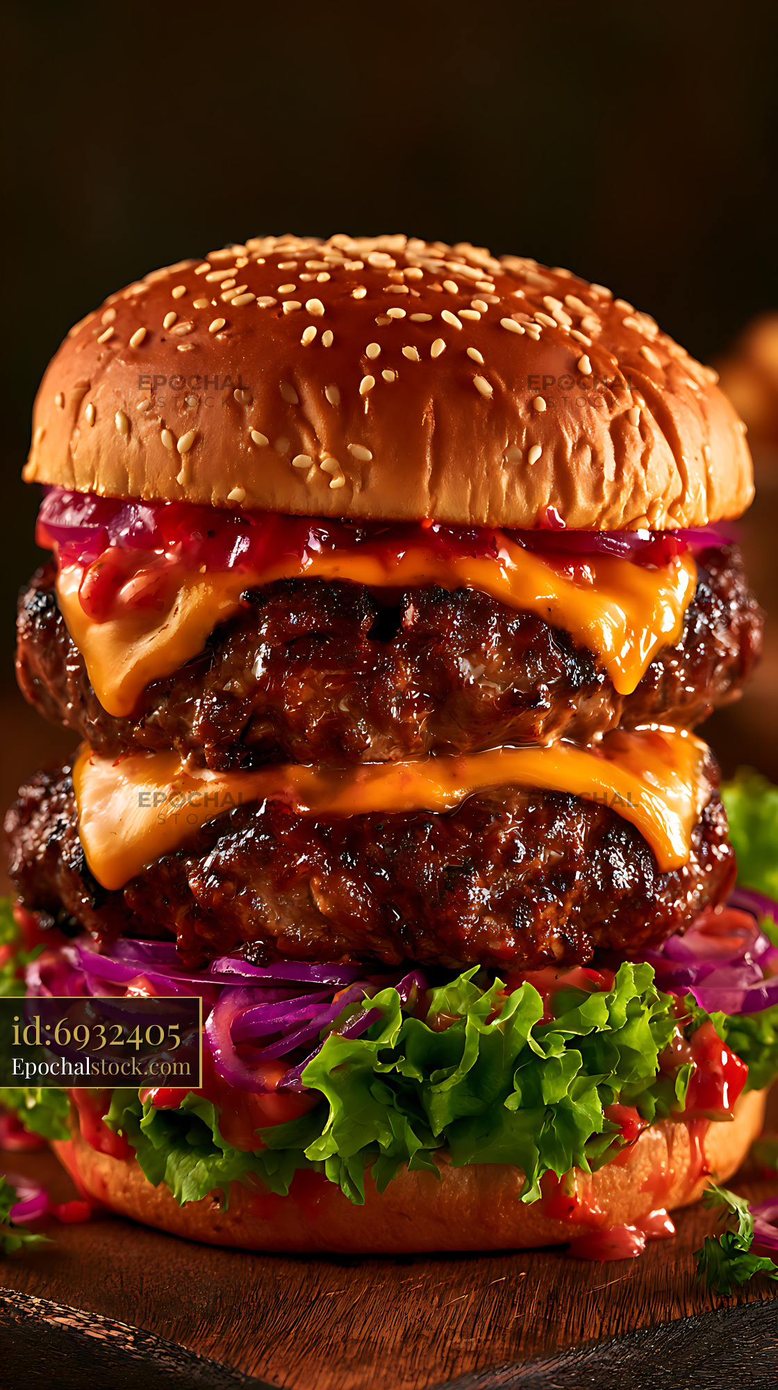 Watermarked full-resolution preview of Double cheeseburger with lettuce and red onions on a wooden table