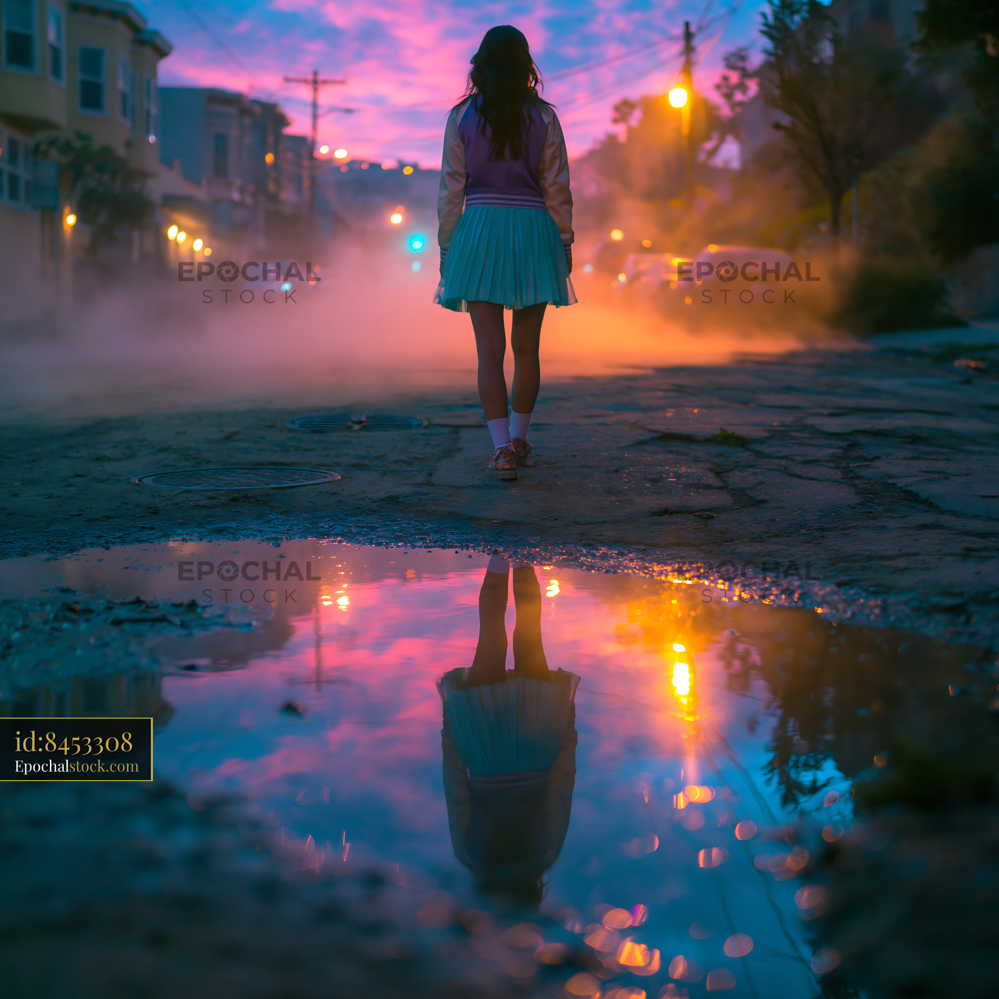 Watermarked full-resolution preview of Girl walking on street with puddle reflection at dusk
