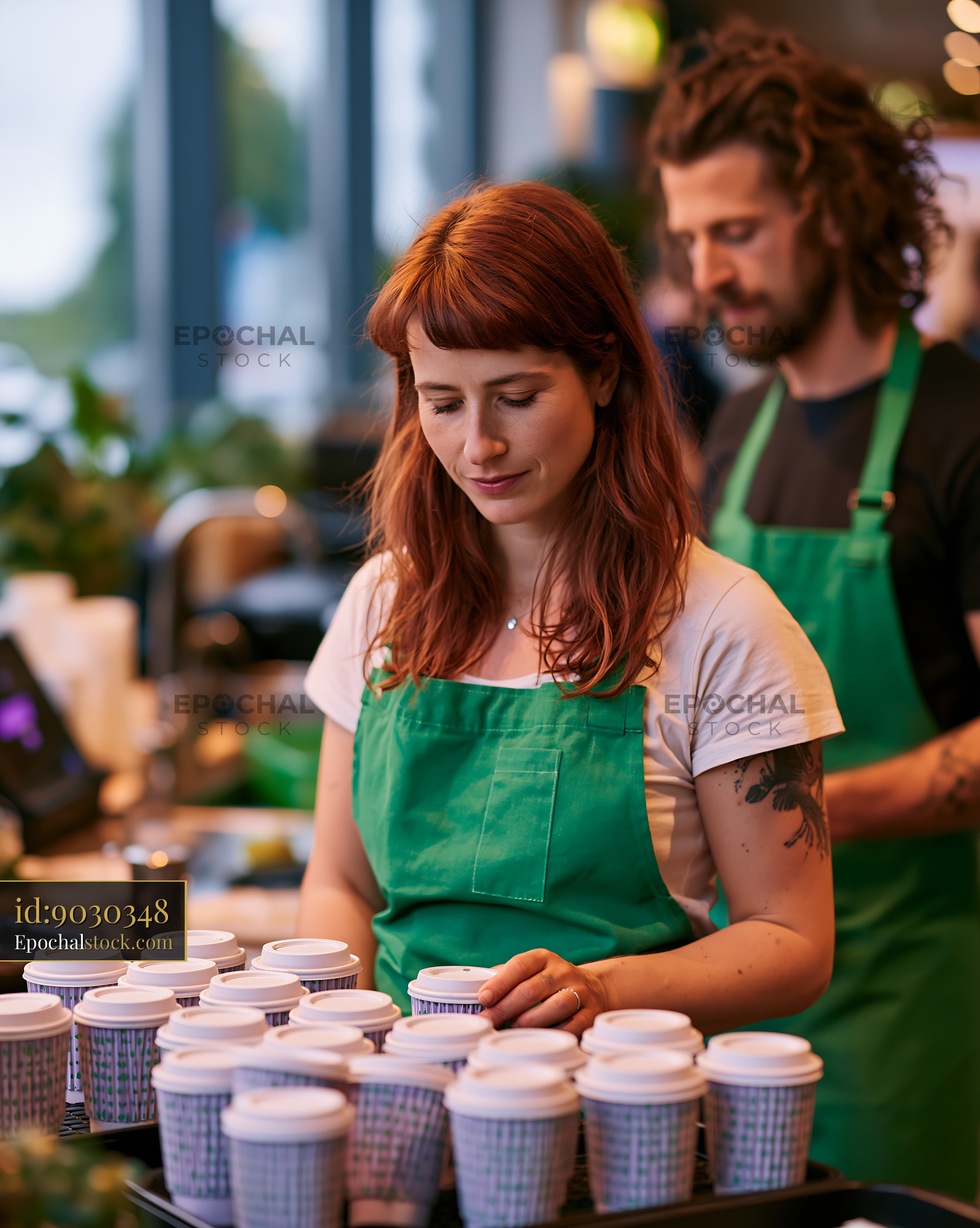 Watermarked full-resolution preview of Baristas preparing coffee cups in a busy cafe