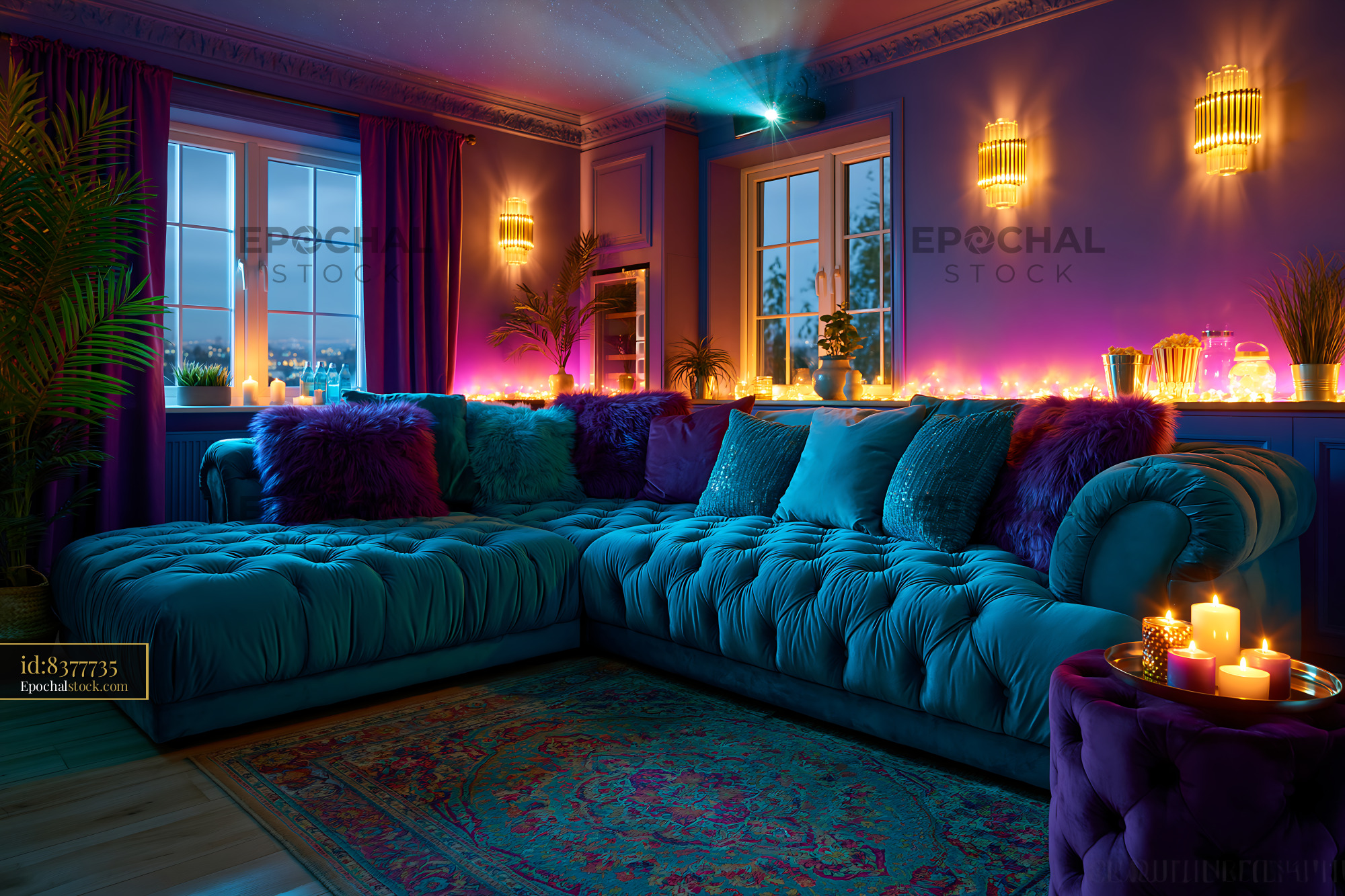 Watermarked full-resolution preview of Cozy living room with colorful lighting and candles