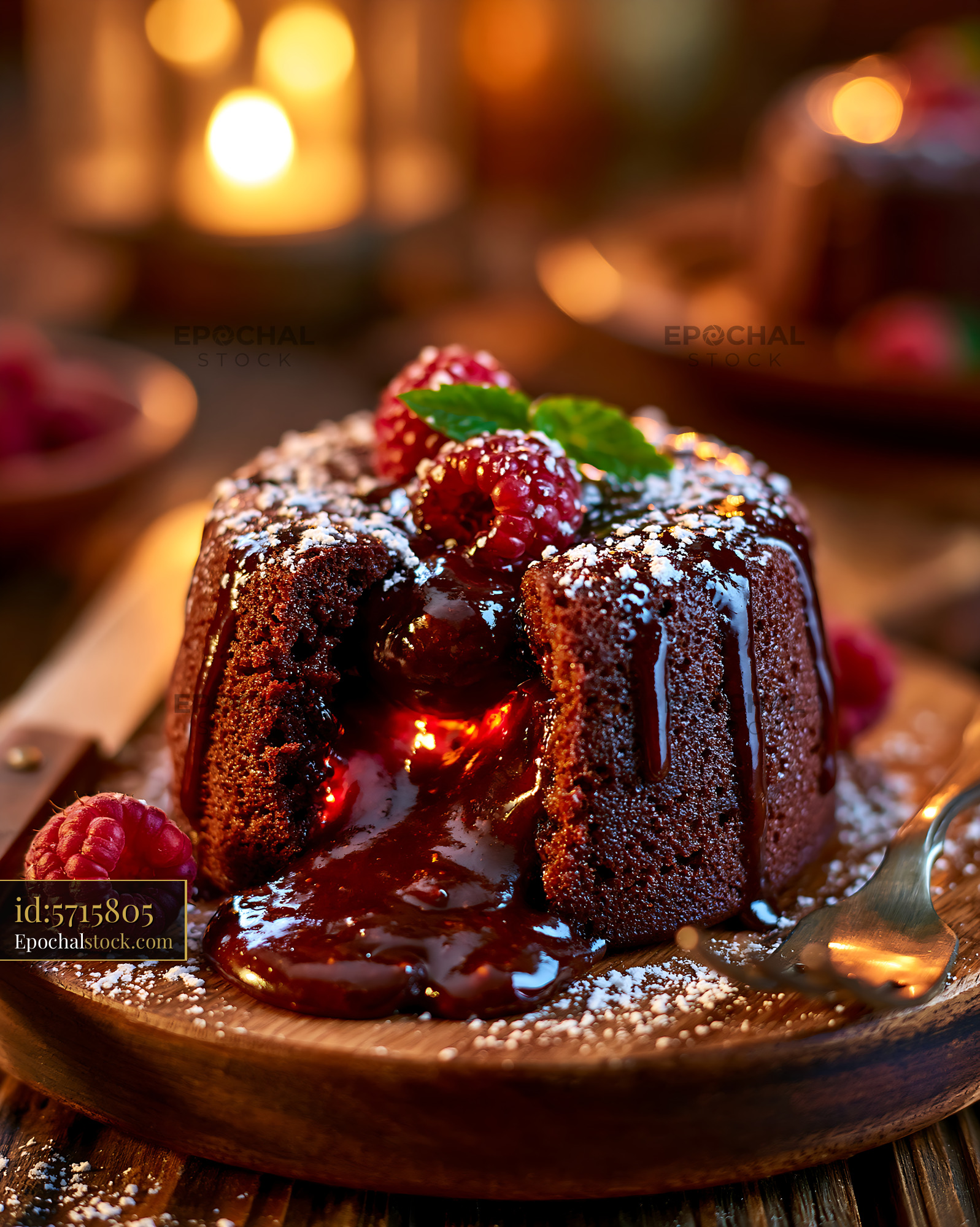 Watermarked full-resolution preview of Decadent chocolate dessert with raspberries on a wooden table