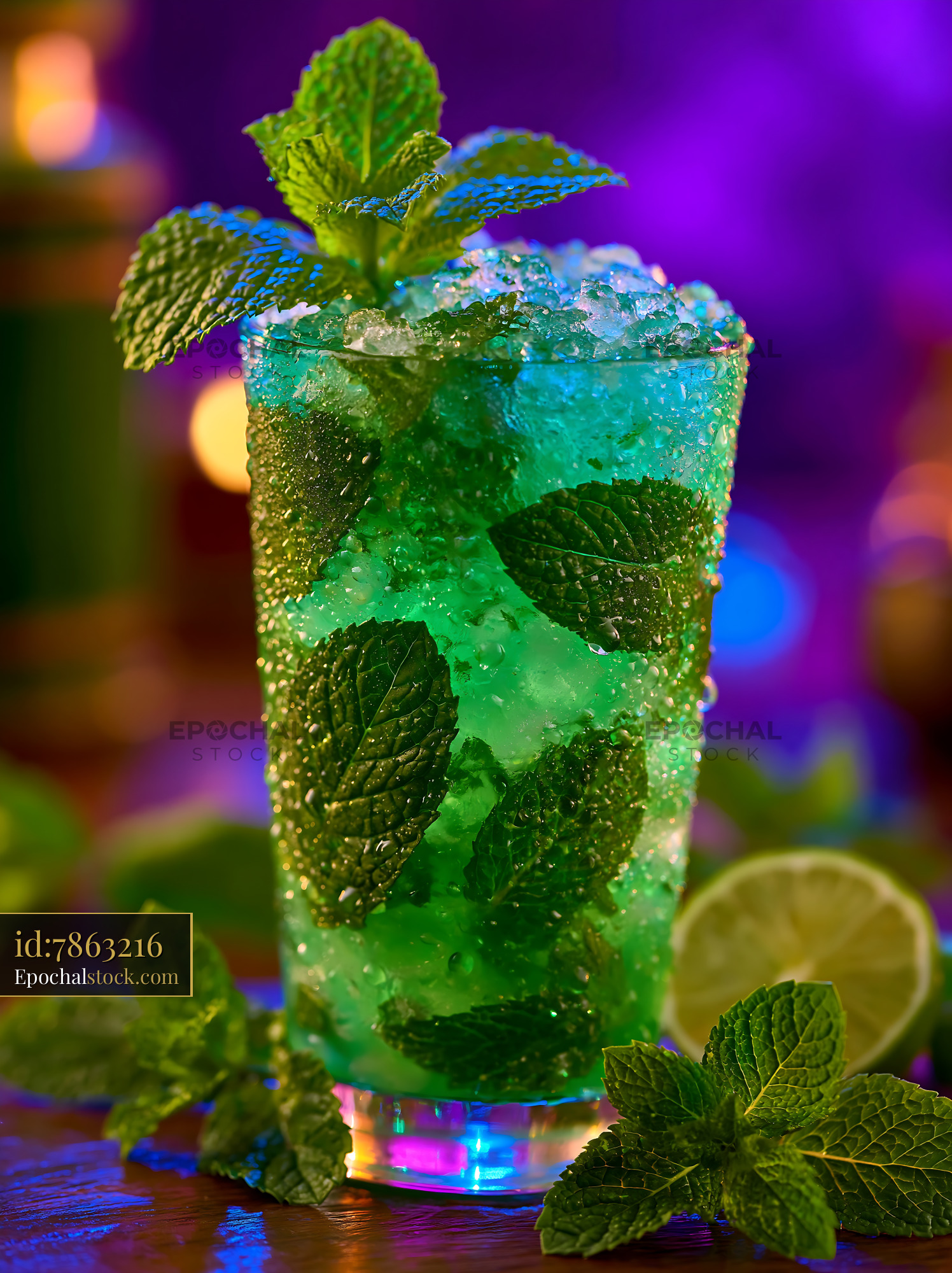 Watermarked full-resolution preview of Mojito drink with mint leaves and lime on a wooden table