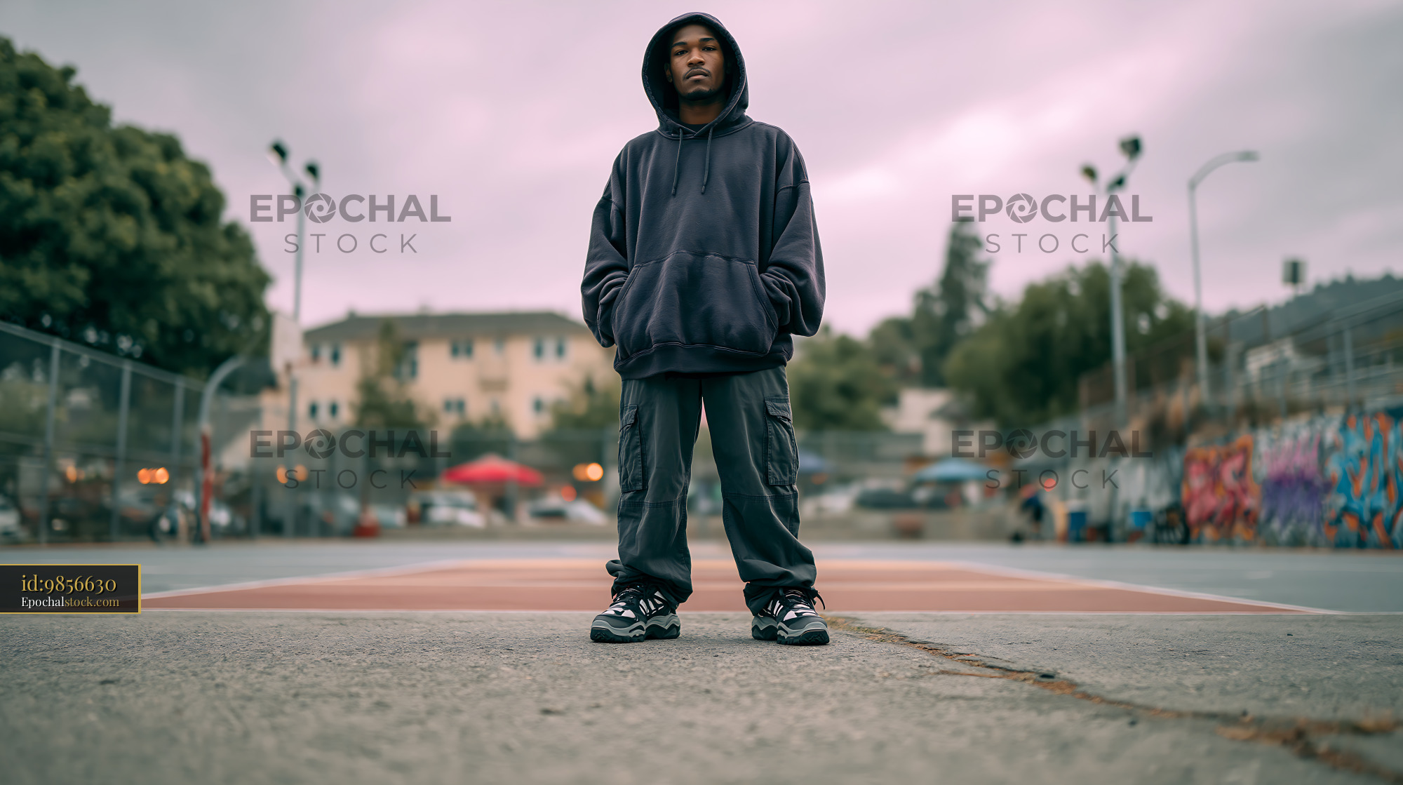 Watermarked full-resolution preview of Young person stands on basketball court wearing casual clothing