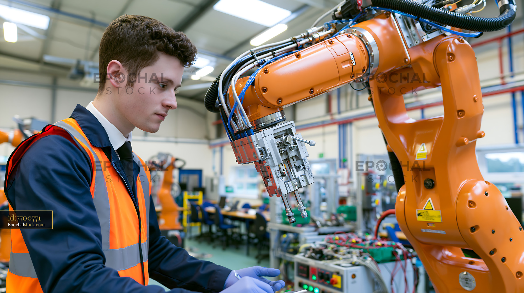 Watermarked full-resolution preview of Engineer working with industrial robot in a manufacturing facility