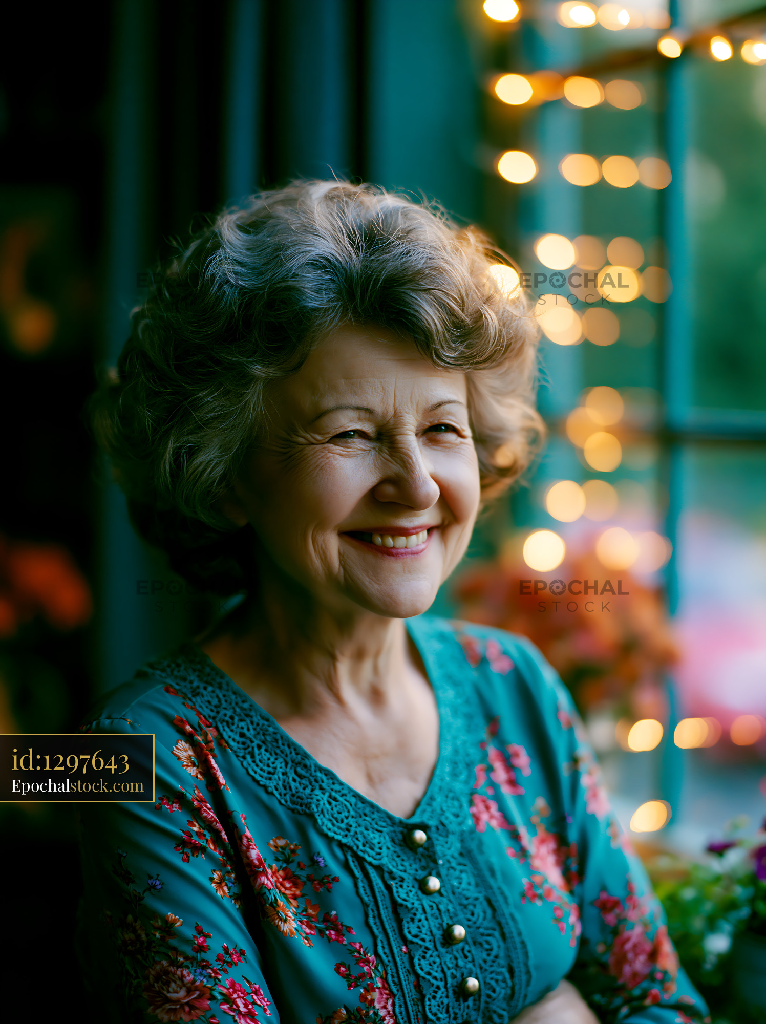 Watermarked full-resolution preview of Smiling woman with curly hair near window with fairy lights