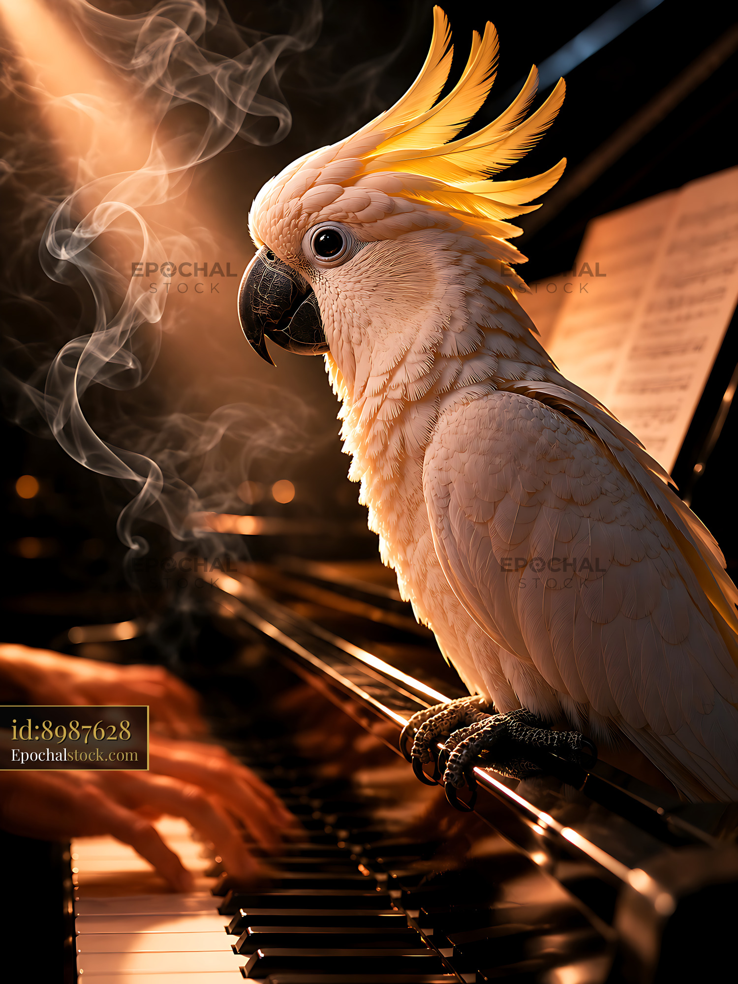 Parrot Sits on Piano as Person Plays Music With Hands - stock photo