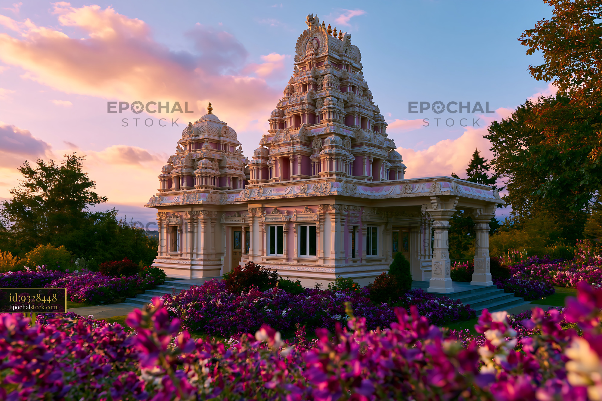 Watermarked full-resolution preview of Decorative Hindu temple in a colorful garden at sunset