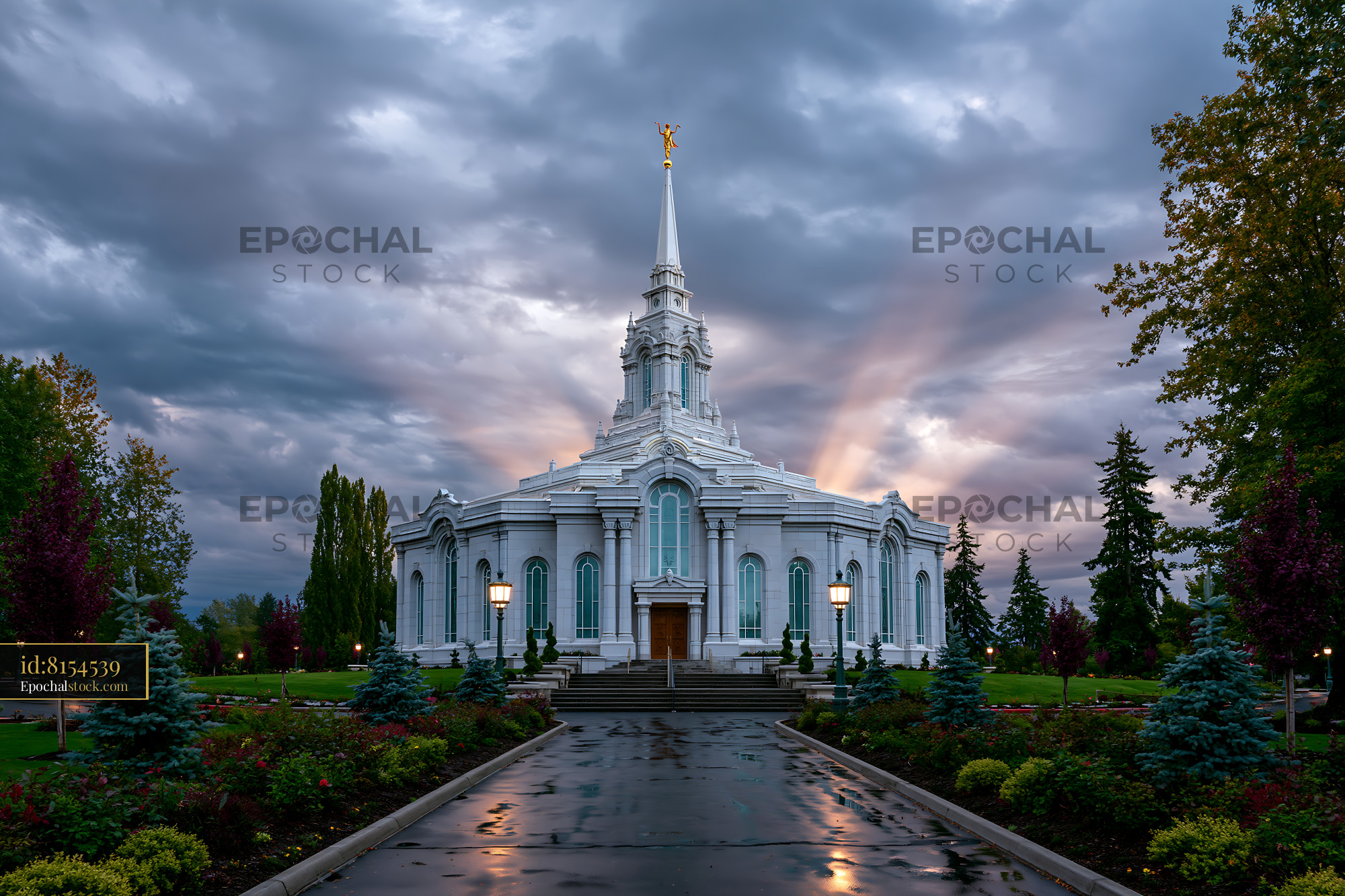 Watermarked full-resolution preview of Building stands under cloudy sky with light shining through