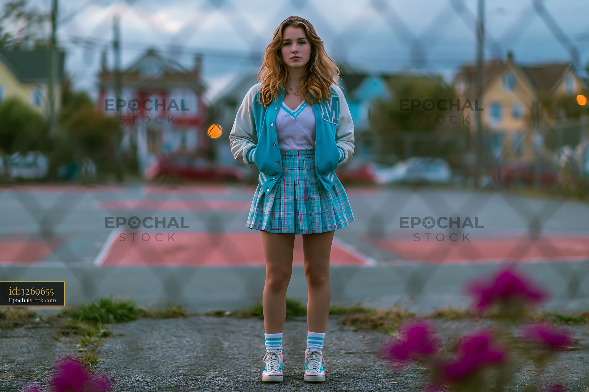 Watermarked full-resolution preview of Young woman stands on tennis court in a casual outfit