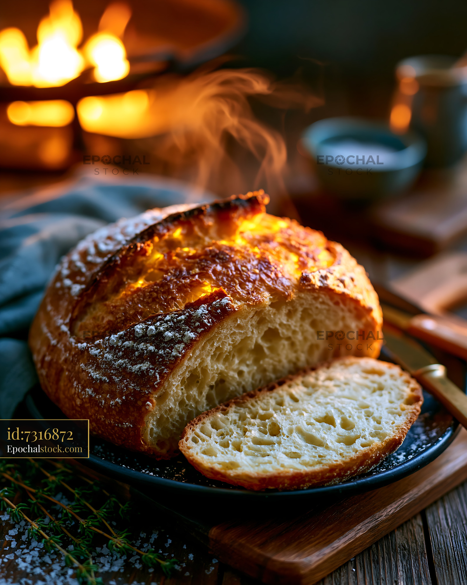 Watermarked full-resolution preview of Freshly baked bread resting on a wooden table near a warm fire