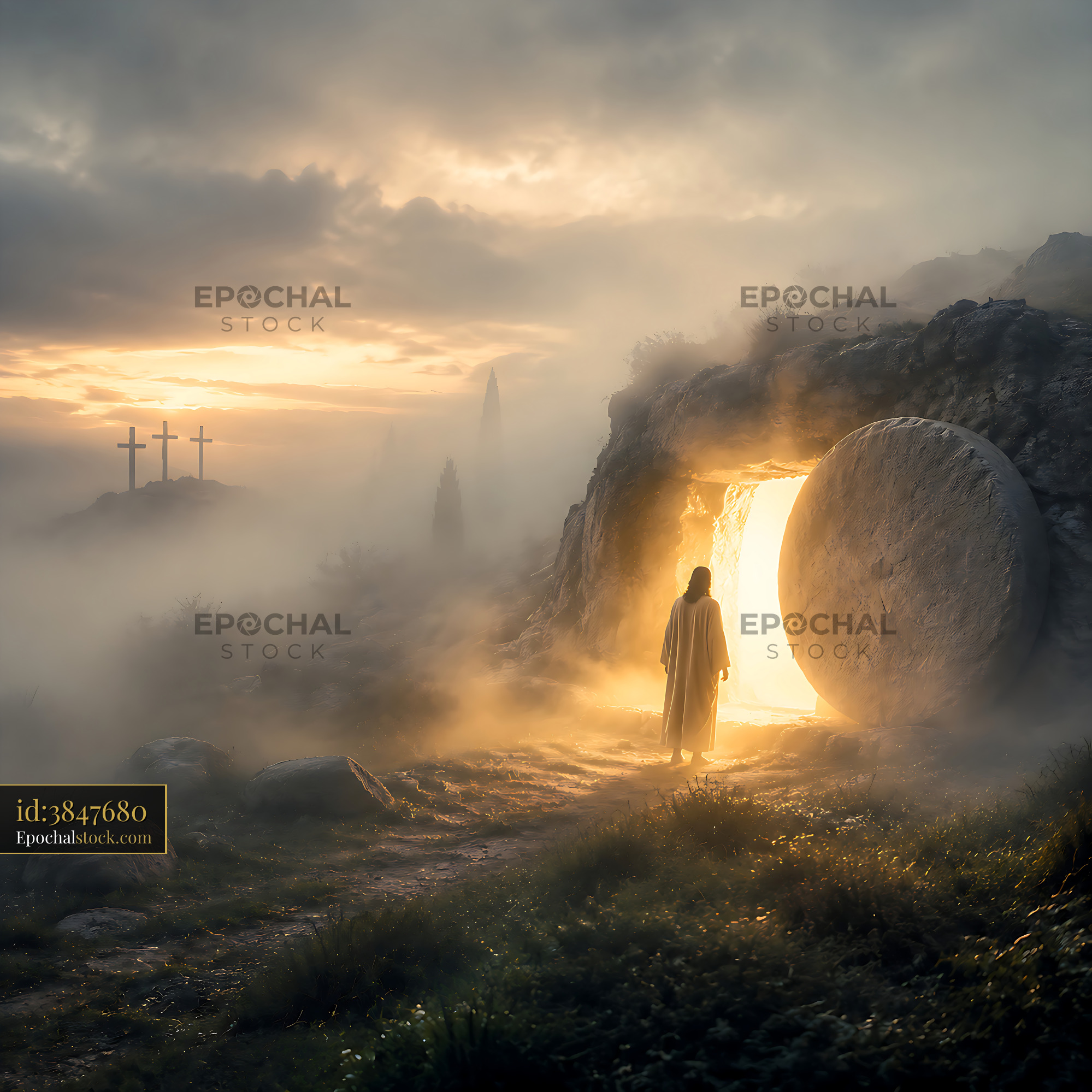 Watermarked full-resolution preview of Person standing before open tomb in early morning light