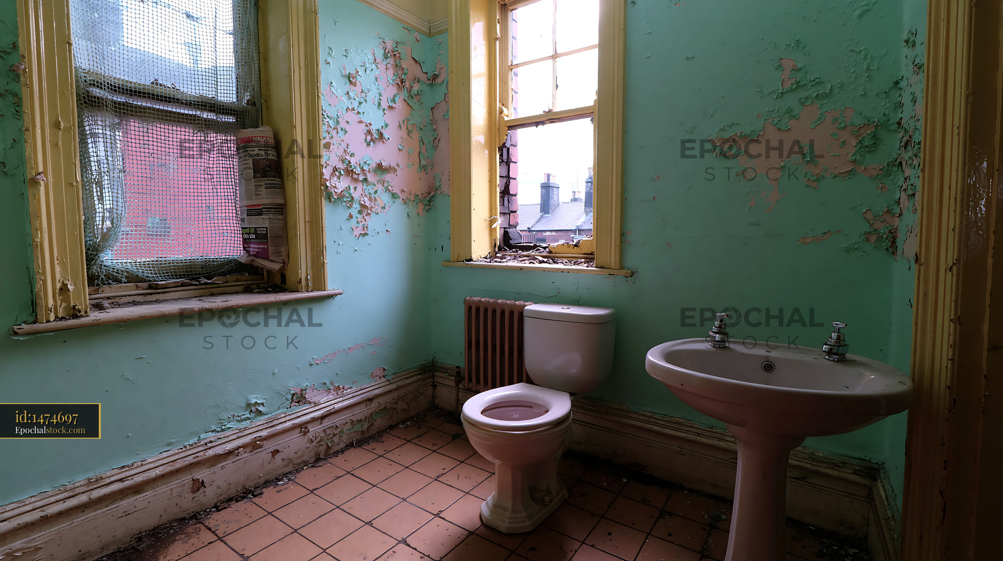 Watermarked full-resolution preview of Old bathroom with peeling paint and natural light