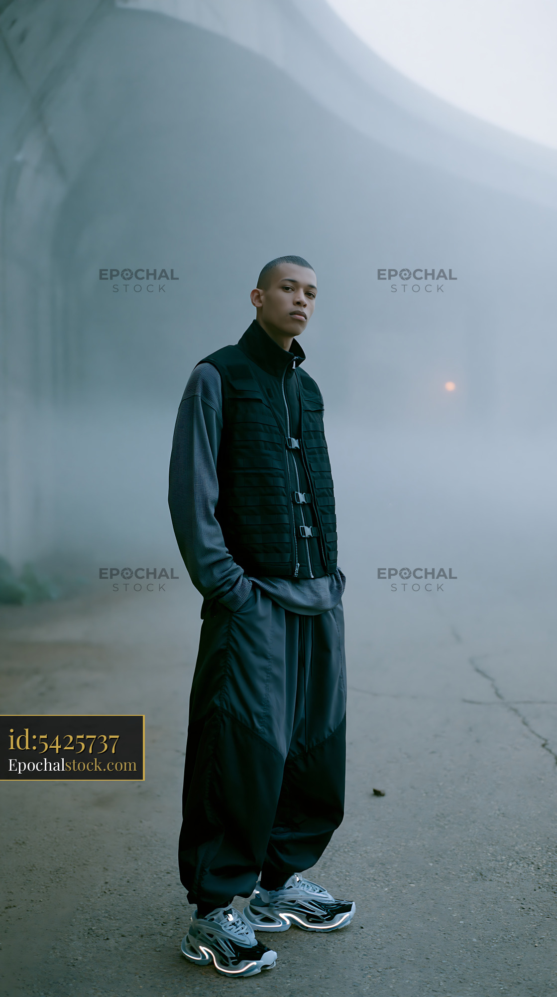 Watermarked full-resolution preview of Man standing in foggy area wearing casual streetwear
