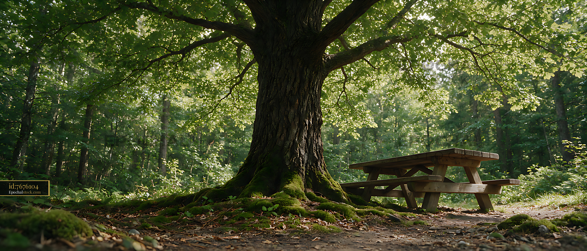Watermarked full-resolution preview of Wooden picnic table under a broad forest tree