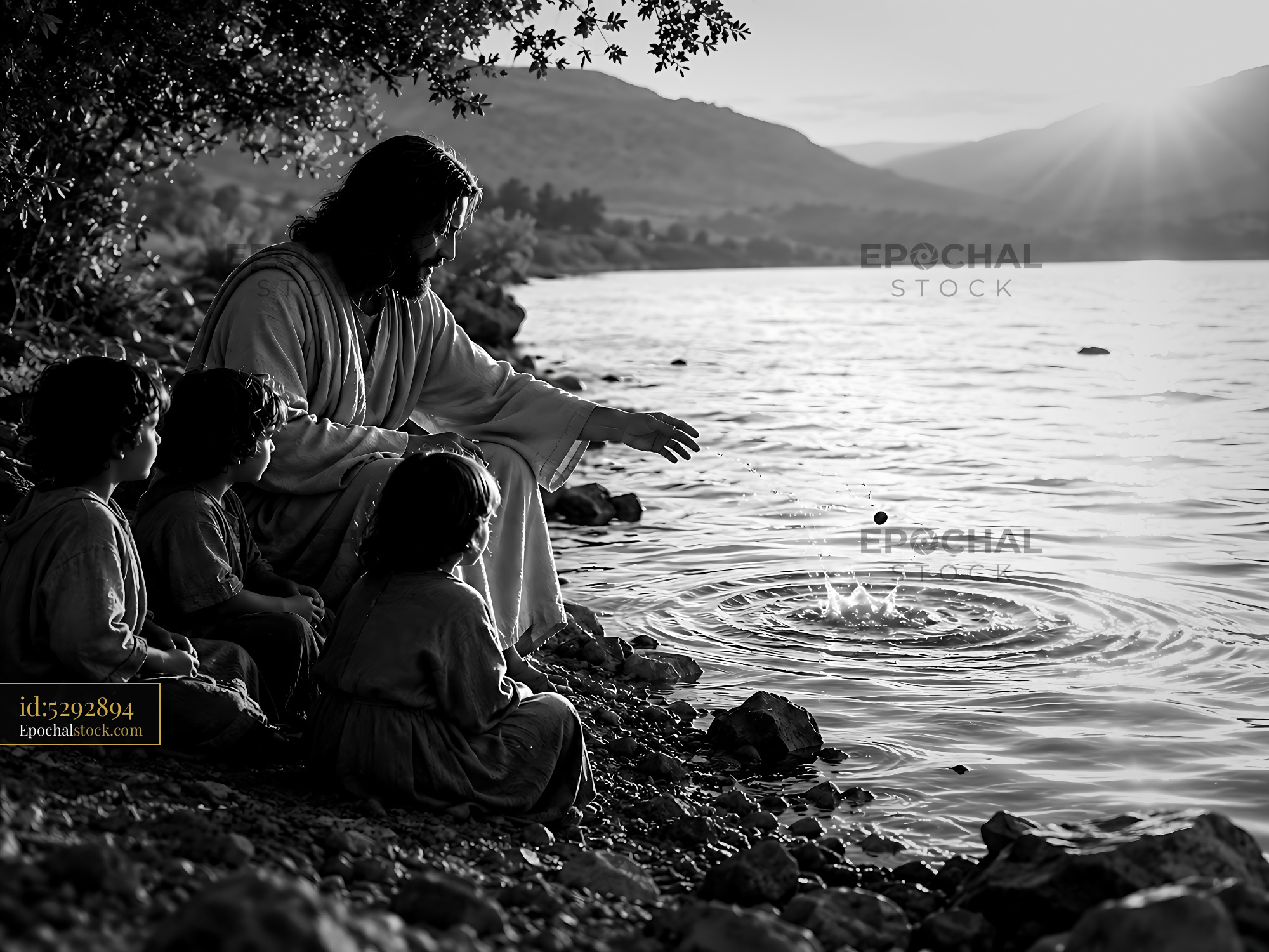 Watermarked full-resolution preview of Jesus with children by the lake