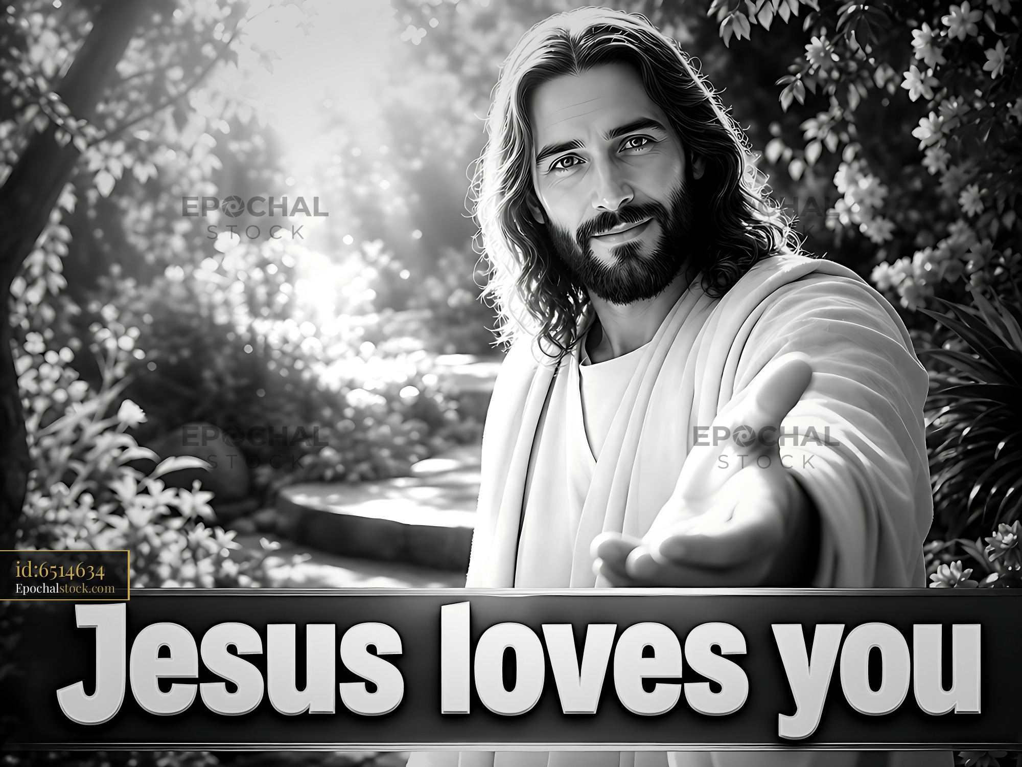 Watermarked full-resolution preview of Jesus offering love with open hand in natural setting