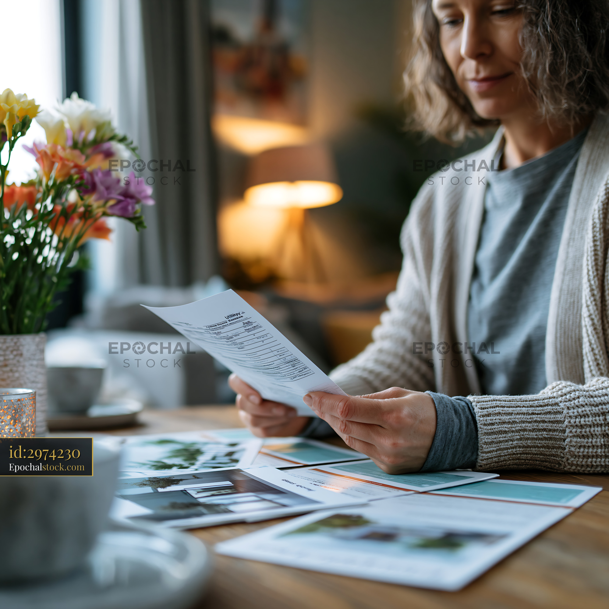 Watermarked full-resolution preview of Woman reviewing documents at a wooden table with flowers nearby