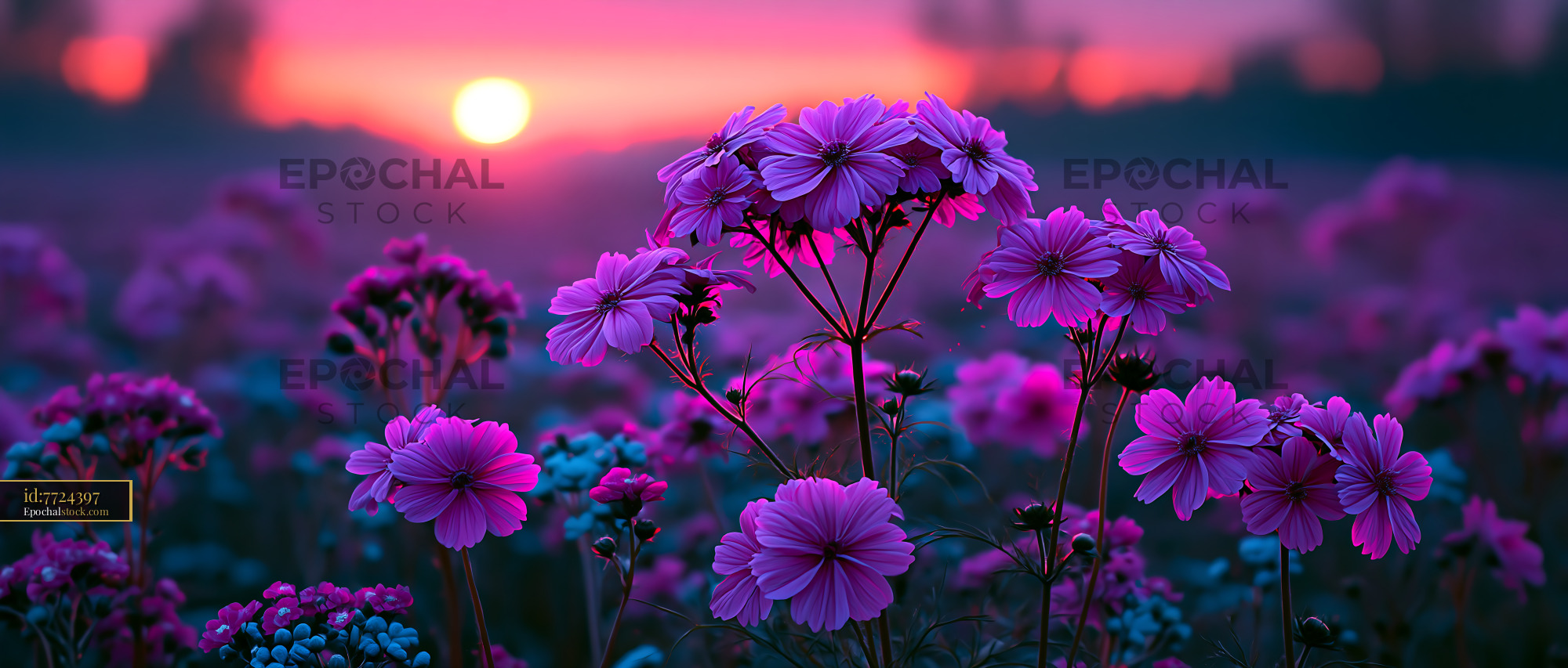 Watermarked full-resolution preview of Vibrant flowers at sunset in a colorful field