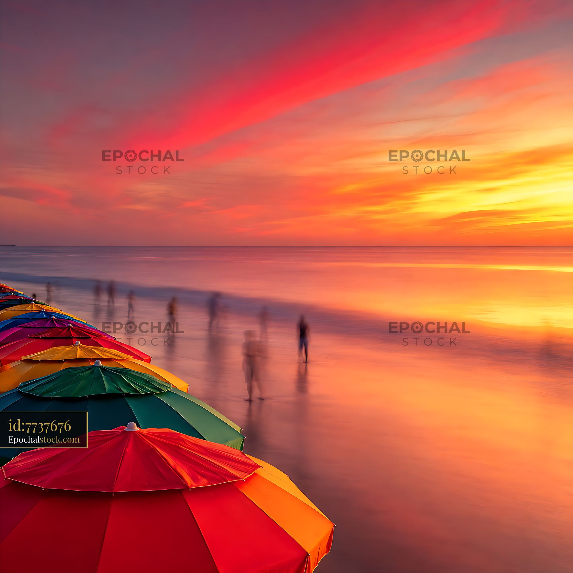 Watermarked full-resolution preview of Colorful umbrellas on the beach at sunset with people walking