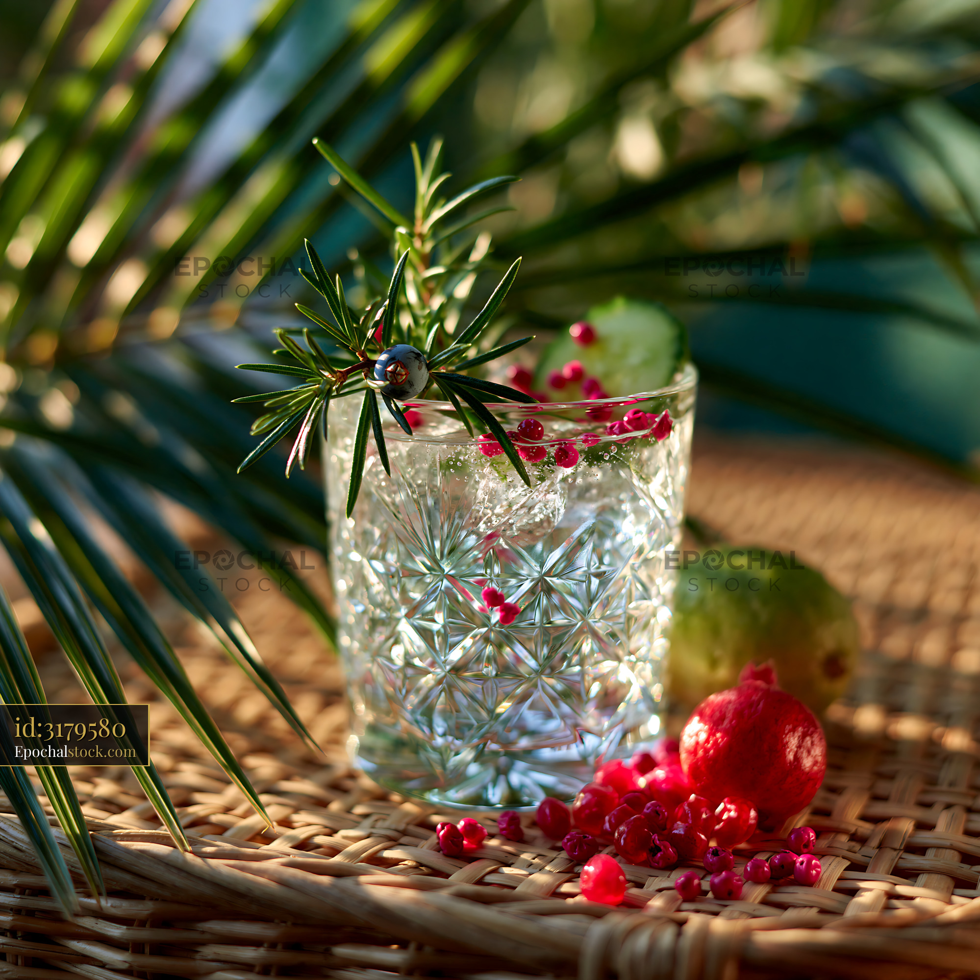 Watermarked full-resolution preview of Crystal glass, greenery, berries, and fruit in warm sunlight