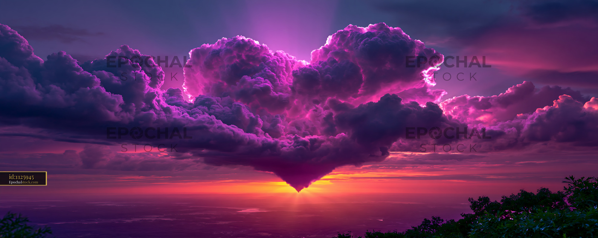 Watermarked full-resolution preview of Colorful clouds form heart shape at sunset over landscape