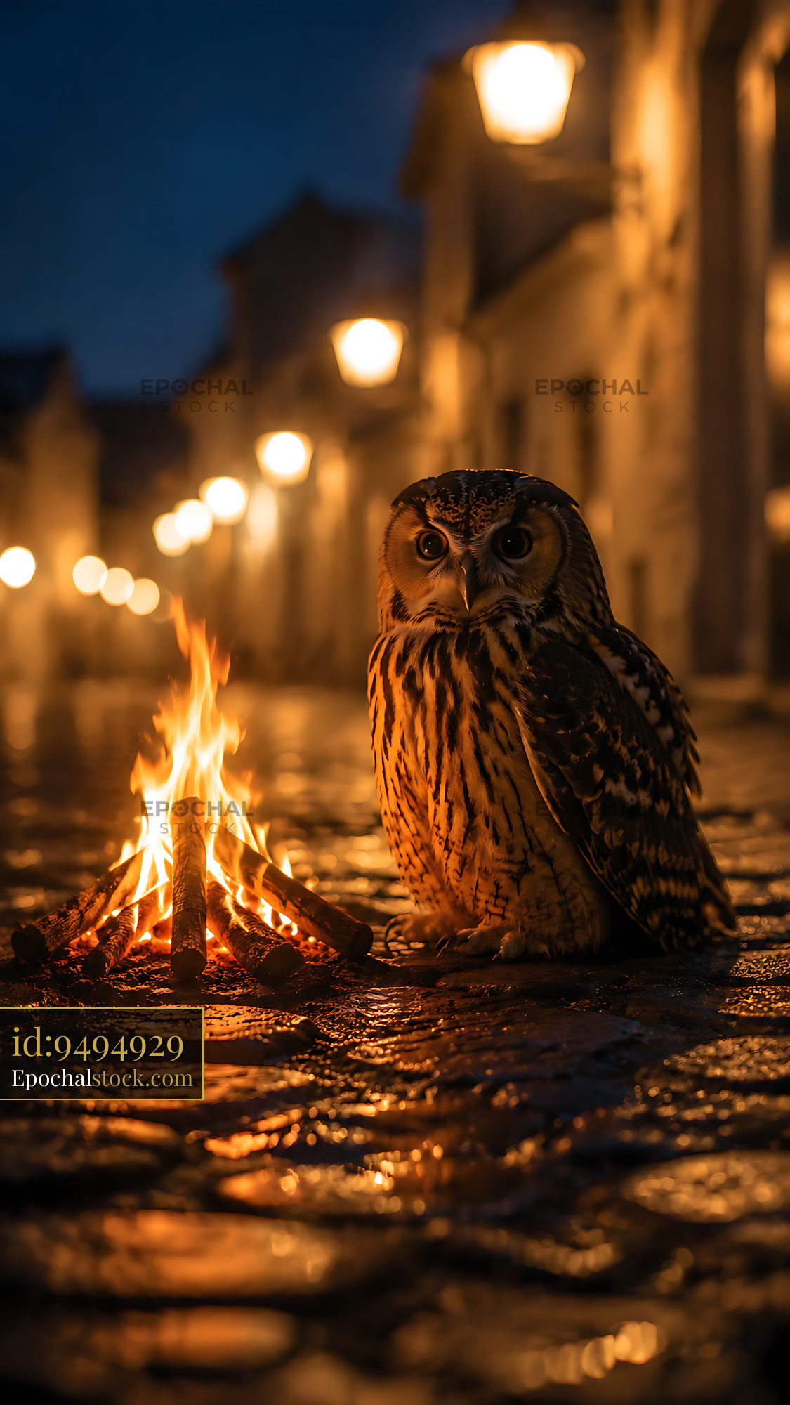 Owl Sitting Beside Fire on Cobblestone Street at Night - stock photo