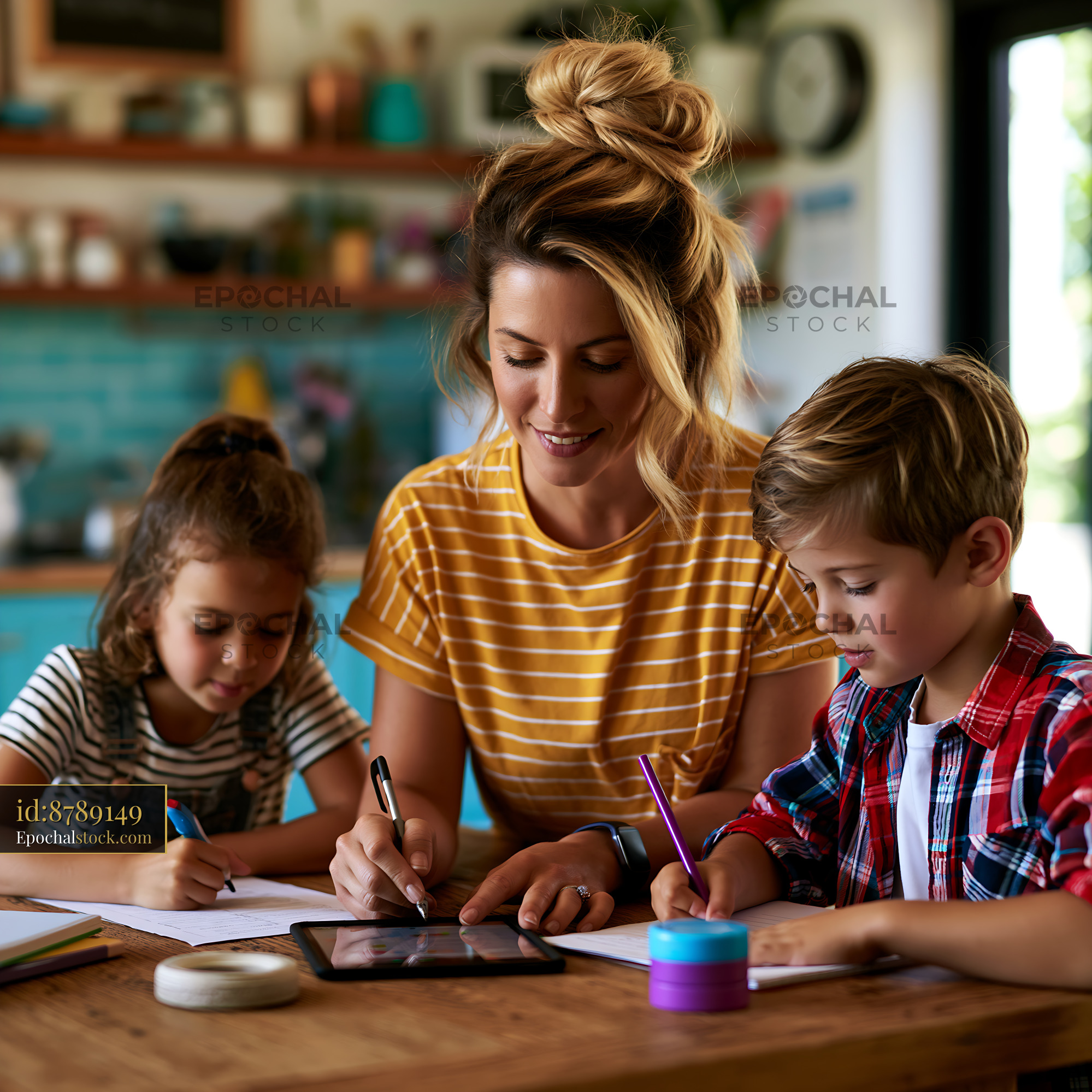 Watermarked full-resolution preview of Mother and children engaged in creative activities at home