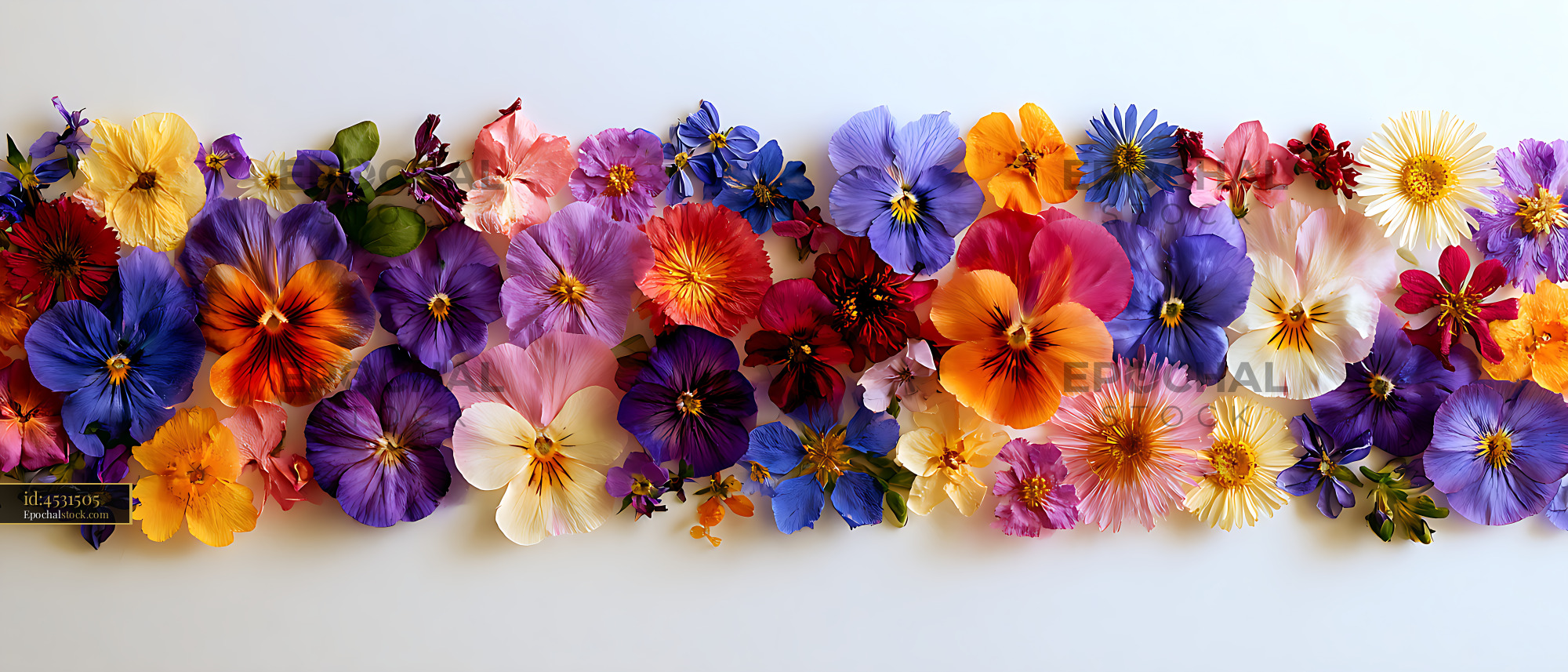 Watermarked full-resolution preview of Colorful assortment of flowers spread across a flat surface