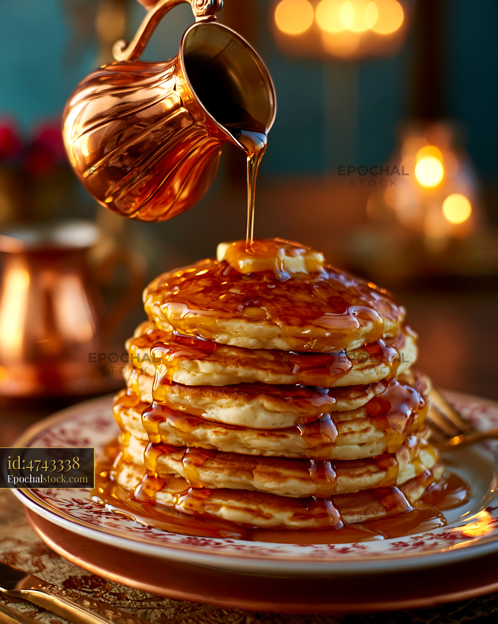 Watermarked full-resolution preview of Stack of pancakes with syrup pouring over them